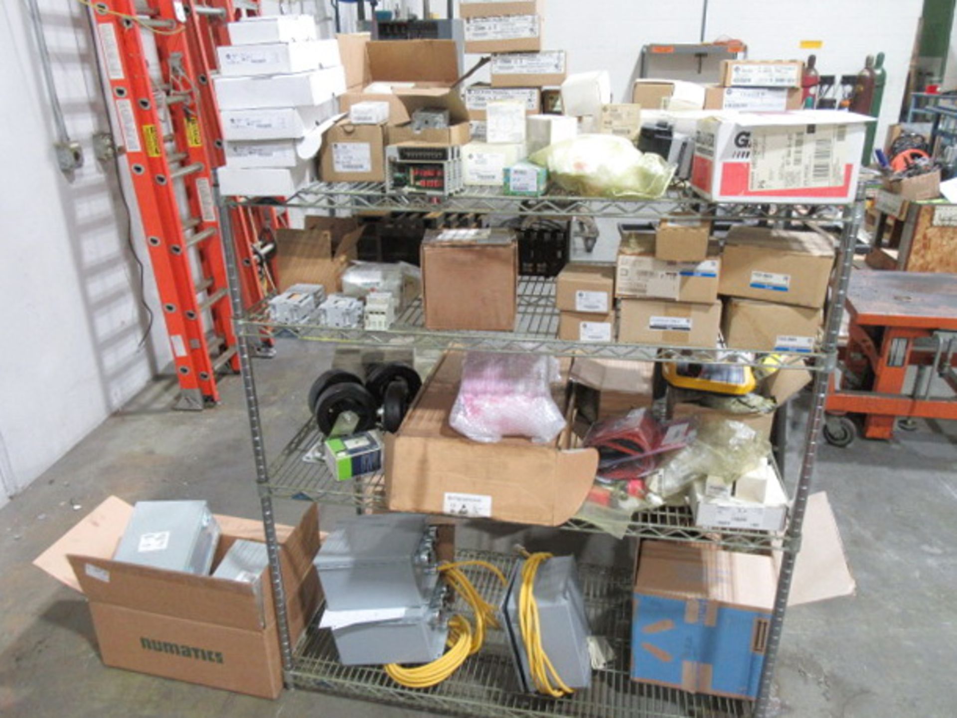 (1) 4-Shelf Wire Storage Rack with Assorted Allen-Bradley & SMC Electrical Components, Hoffman