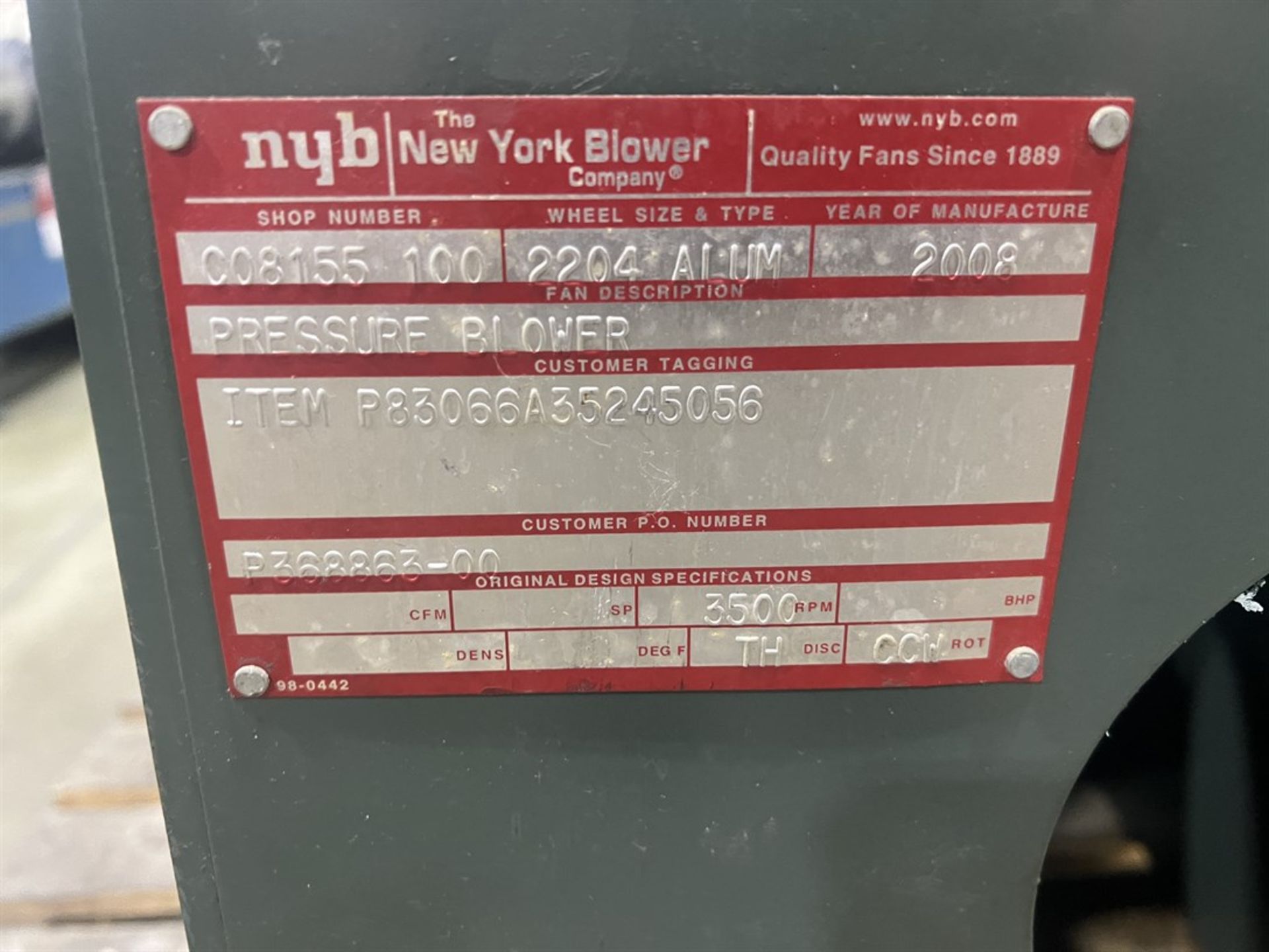 2008 NEW YORK BLOWER Pressure Blower System, 10 HP, 2204 Aluminum Wheel - Image 4 of 4