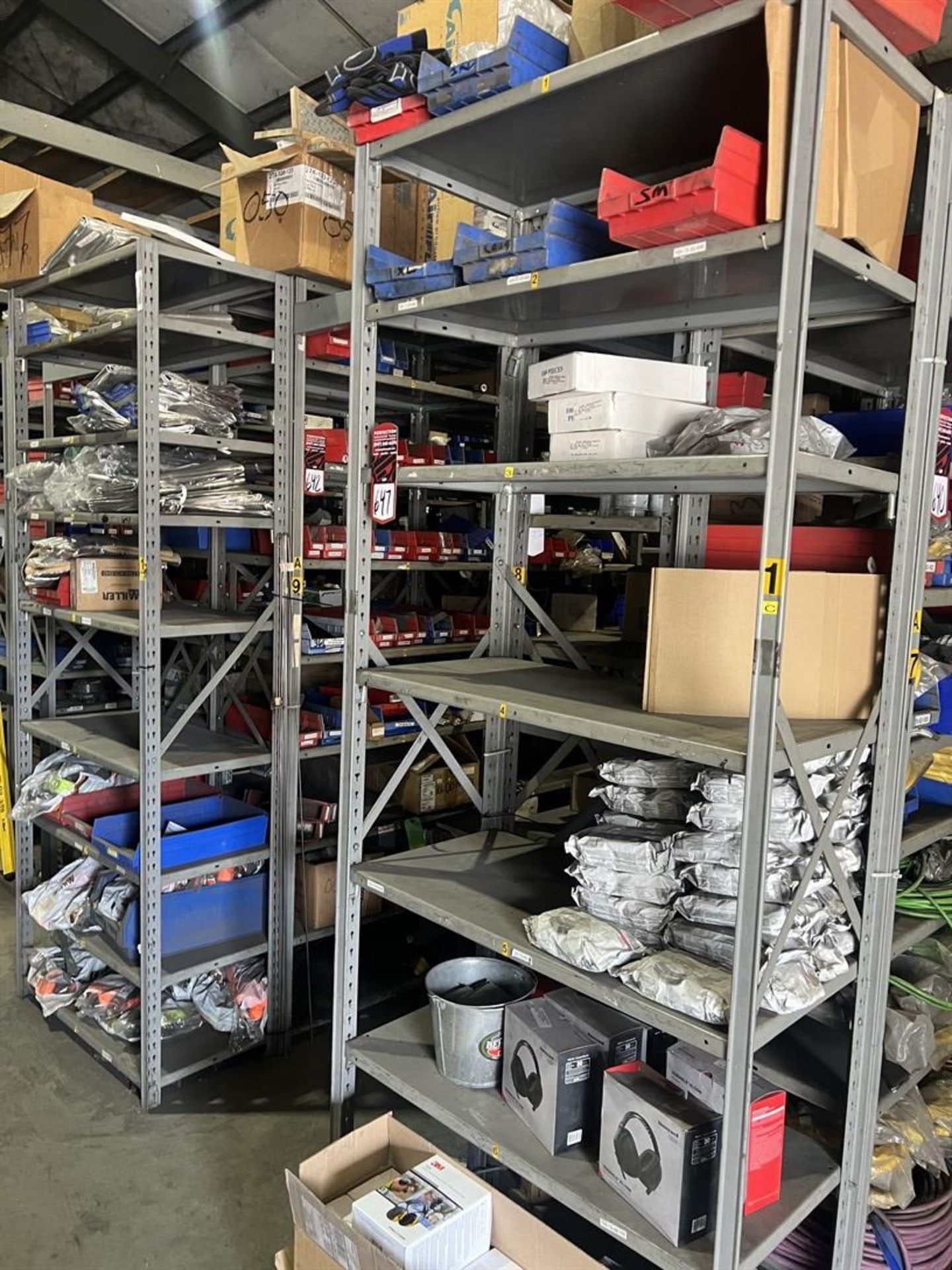 Lot Comprising (2) Shop Shelving Units w/ Assorted PPE Including Safety Harnesses, High Temp Gloves,