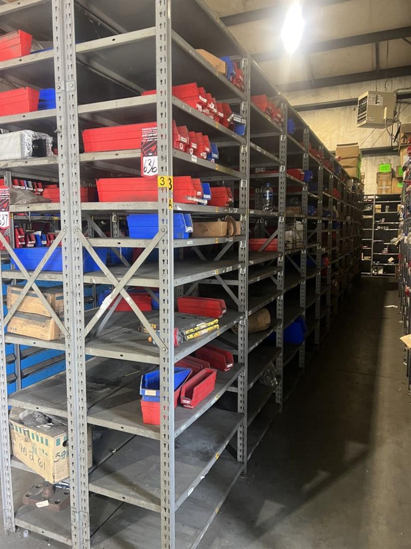 Lot Comprising (12) Shop Shelving Units w/ Contents Including Wheelabrator and Conveyor Components