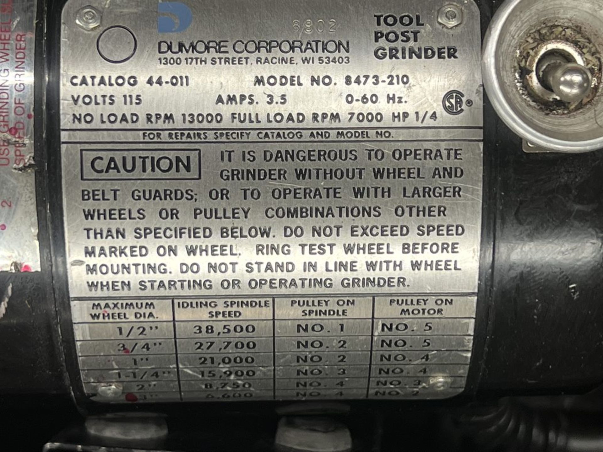 DUMORE 8473-210 Tool Post Grinder, s/n 8902 - Image 3 of 3