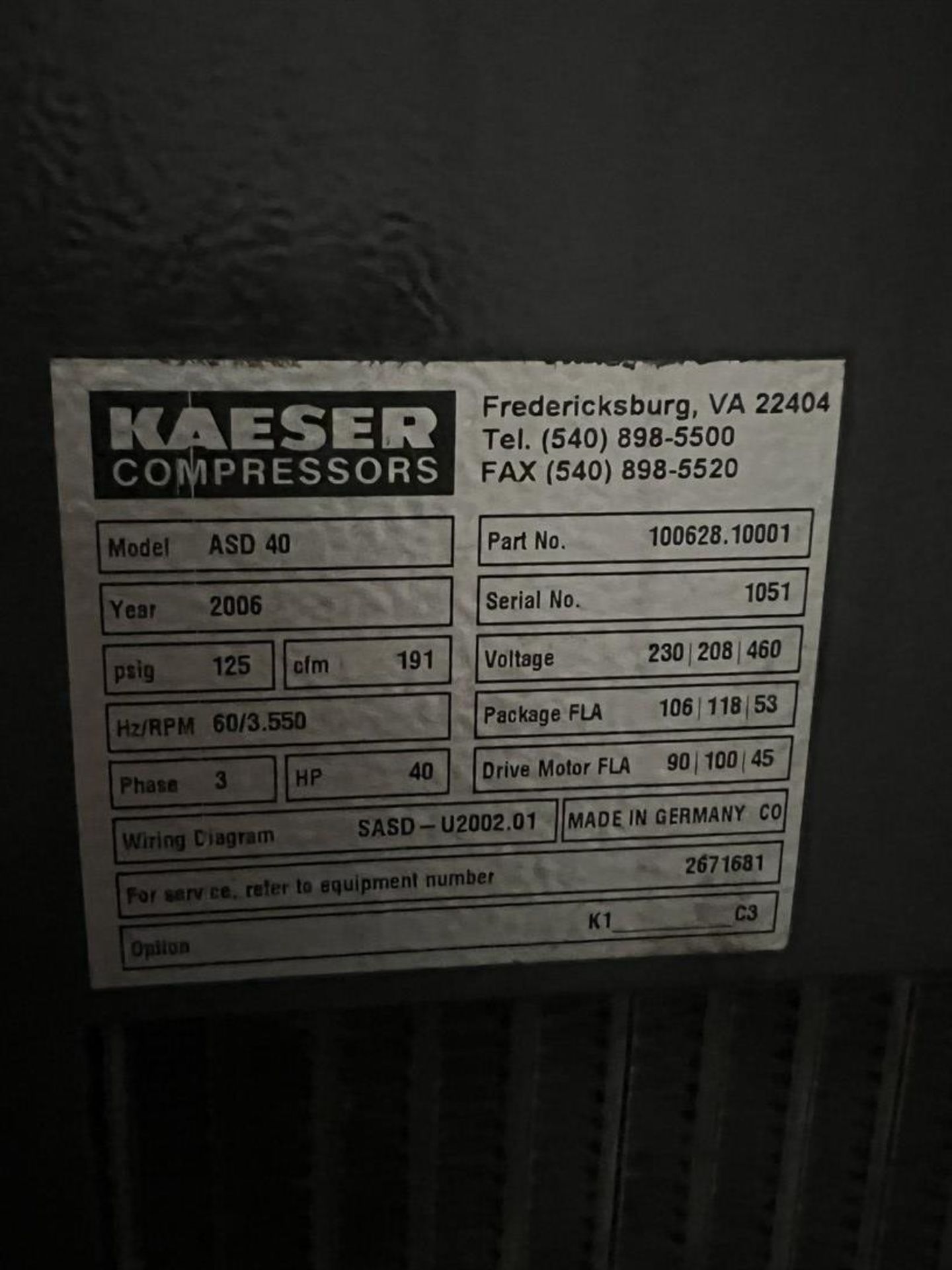 2006 KAESER ASD 40 Rotary Screw Air Compressor, s/n 1051, 40 HP, 125 PSOG, 191 CFM - Image 4 of 6