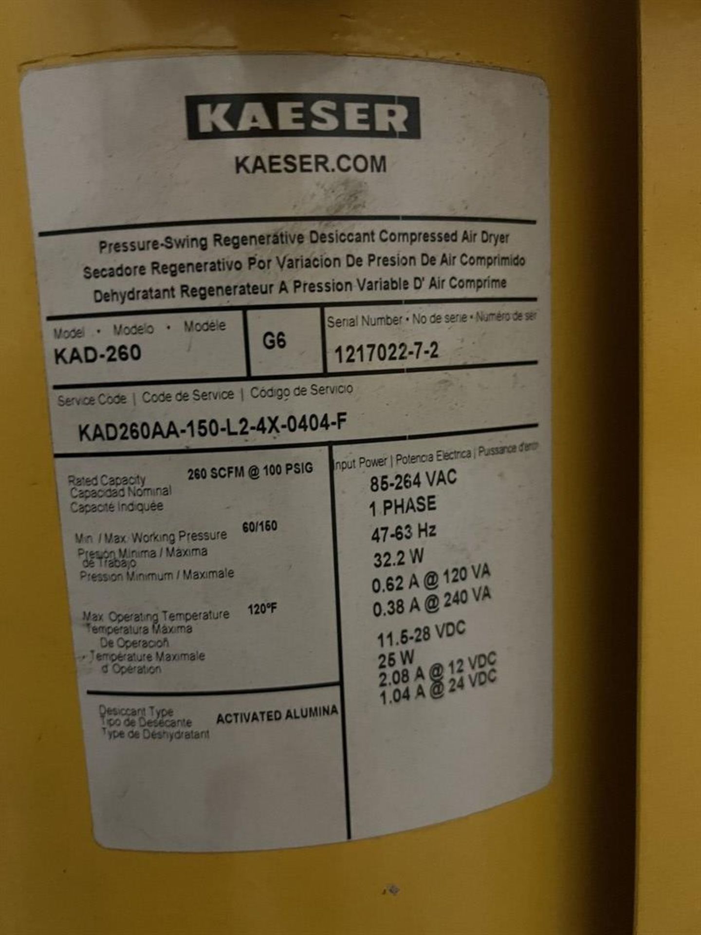 KAESER KAD-260 Compressed Air Dryer, s/n 1217022-7-2, 260 SCFM @ 100 PSIG, 60-150 PSI Working - Image 4 of 5