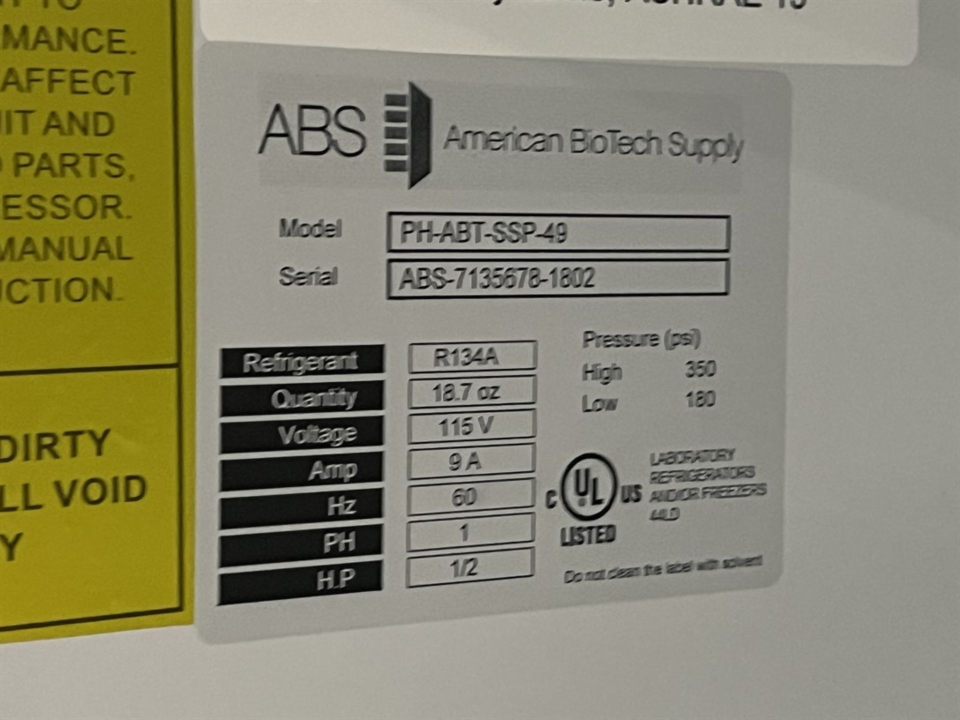 AMERICAN BIOTECH SUPPLY PH-ABT-SSP-49 Refrigerator, s/n ABS-7135678-1802 - Image 4 of 5