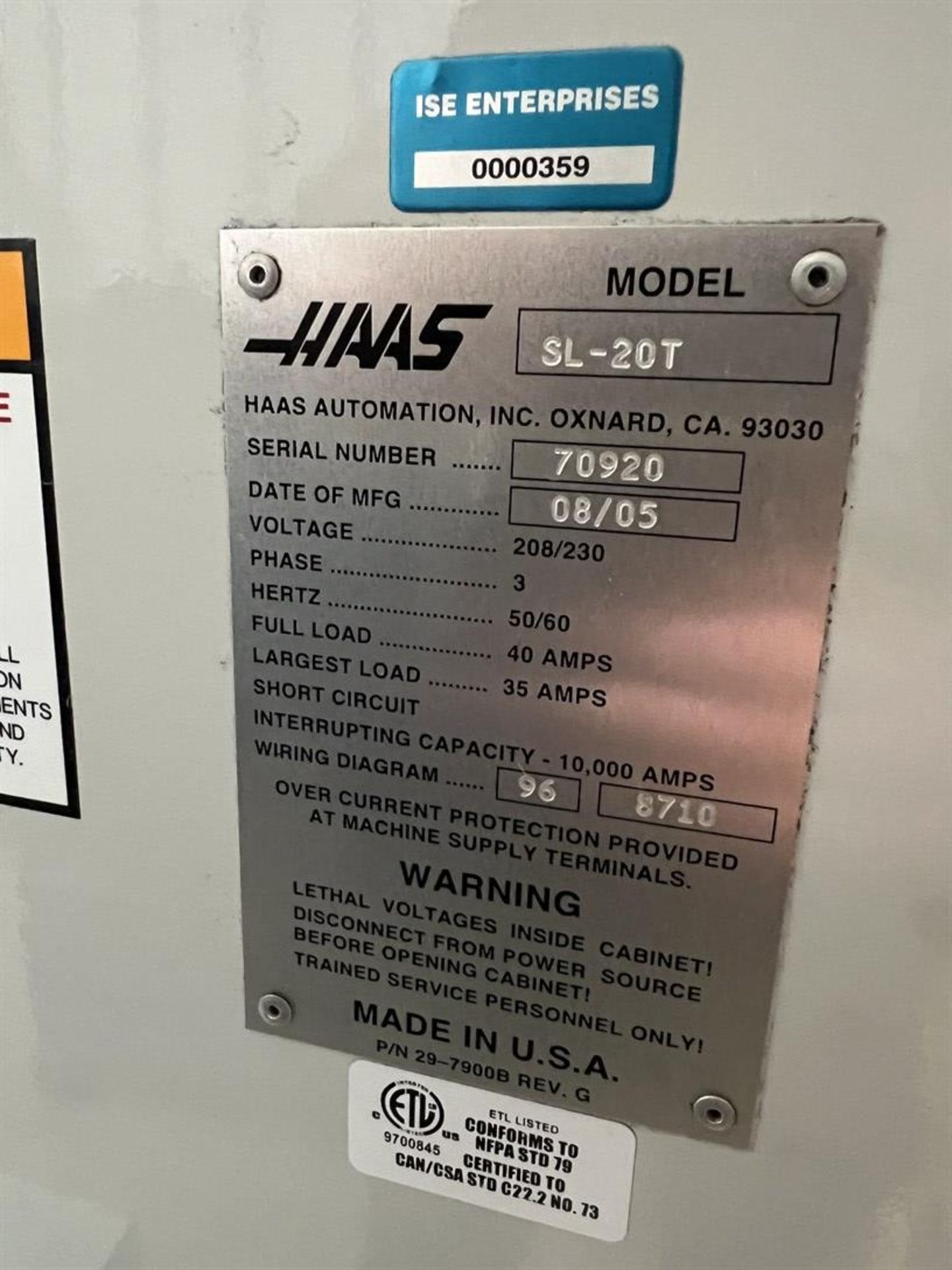 2005 HAAS SL20T CNC Turning Center, s/n 70920, Haas Control, 24" Max Machining Length, 23" Swing, - Image 9 of 9