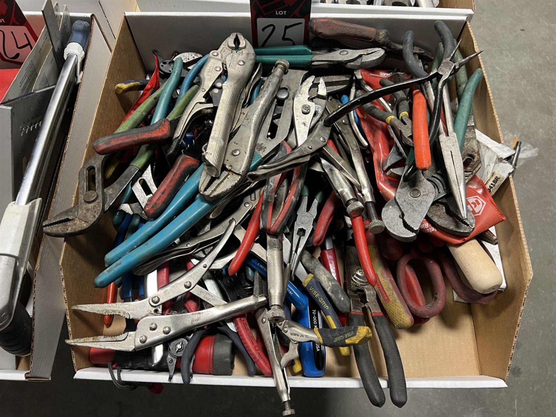 Lot of Assorted Vise Grips, Long Nose Pliers, Channel Locks, External Ring Pliers and Sheet Metal