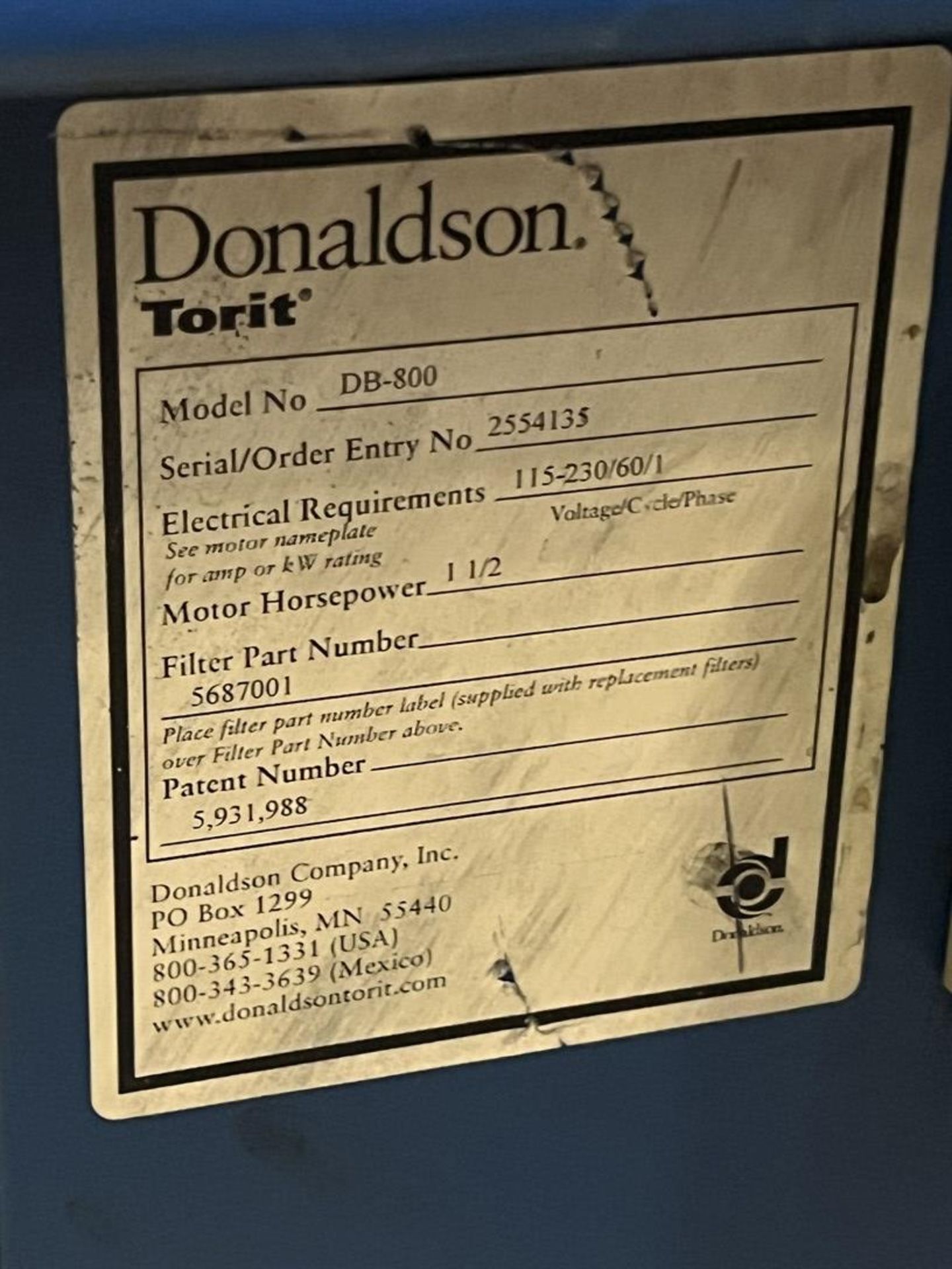 DONALDSON Torit DB-800 Downdraft Table, s/n 2554135, 1.5 HP, 27" x 26" Working Area - Image 4 of 4