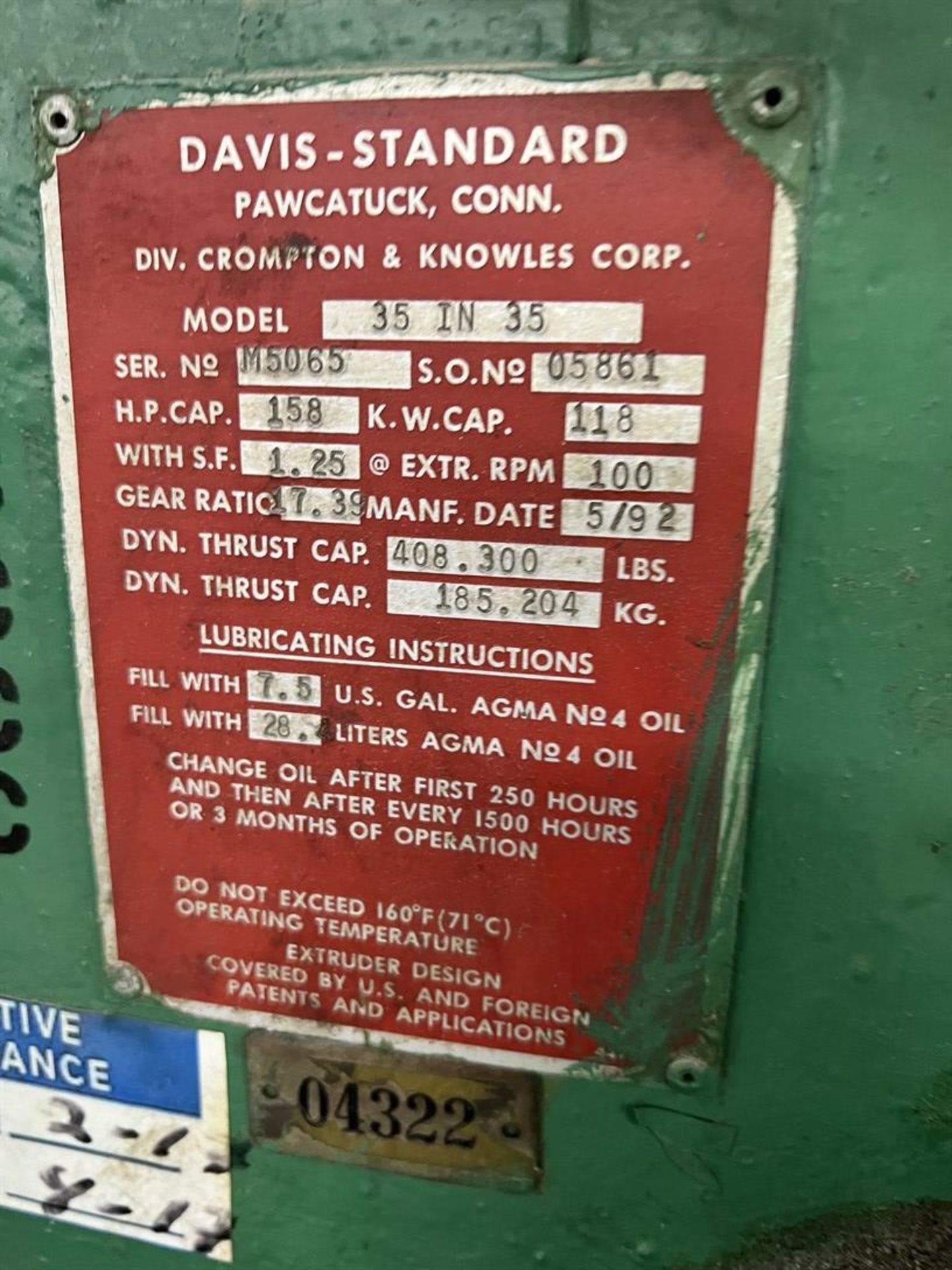 DAVIS STANDARD 35IN35 3.5” 24:1 L/D Extruder, s/n M5065, S.O. #05861, 1992, Screw, 17.39:1 Gearbox - Image 6 of 6