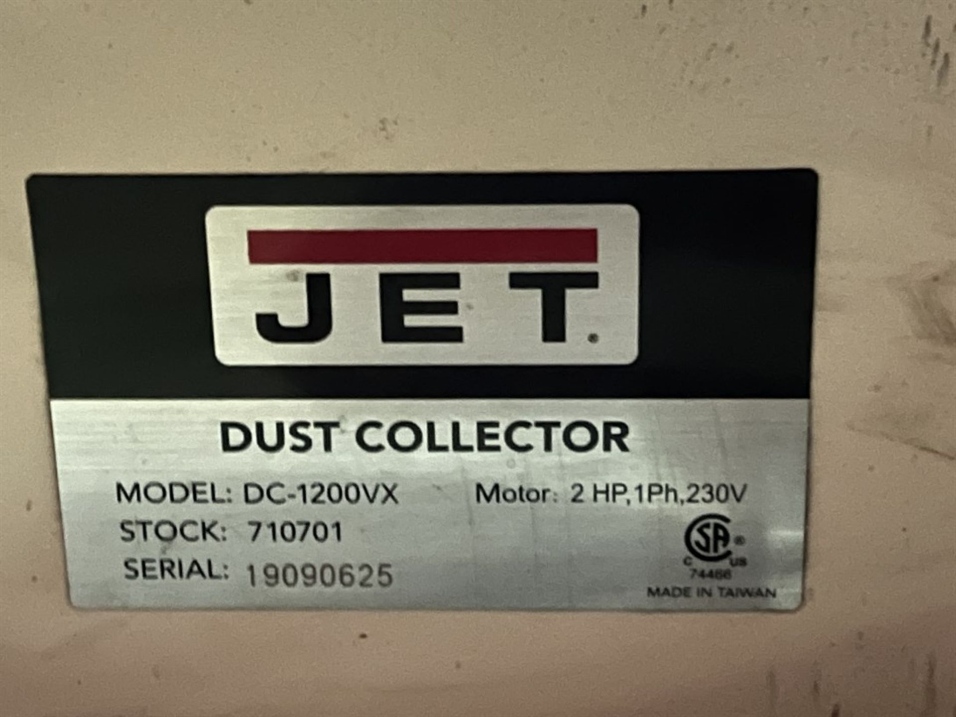 JET DC-1200VX Vortex Cone Dust Collector, s/n 19090625, 2 HP (Building 39) - Image 6 of 6