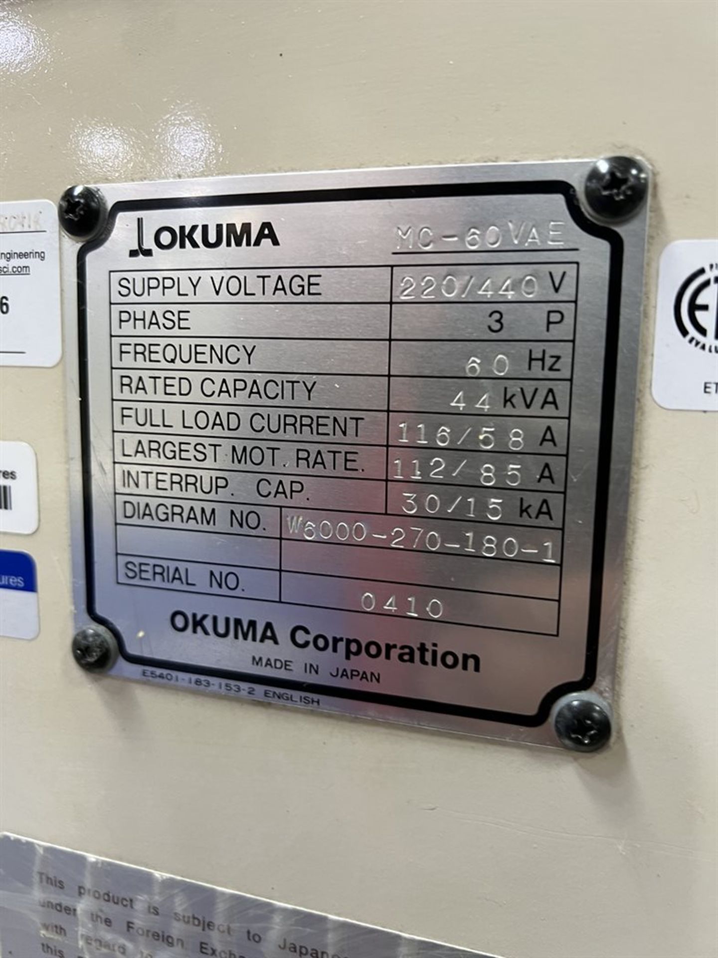 OKUMA MC-60VAE Vertical Machining Center, s/n 0410, OSP7000M Control, 59"X, 24.8"Y, 22.4"Z, 5,000 - Image 12 of 14