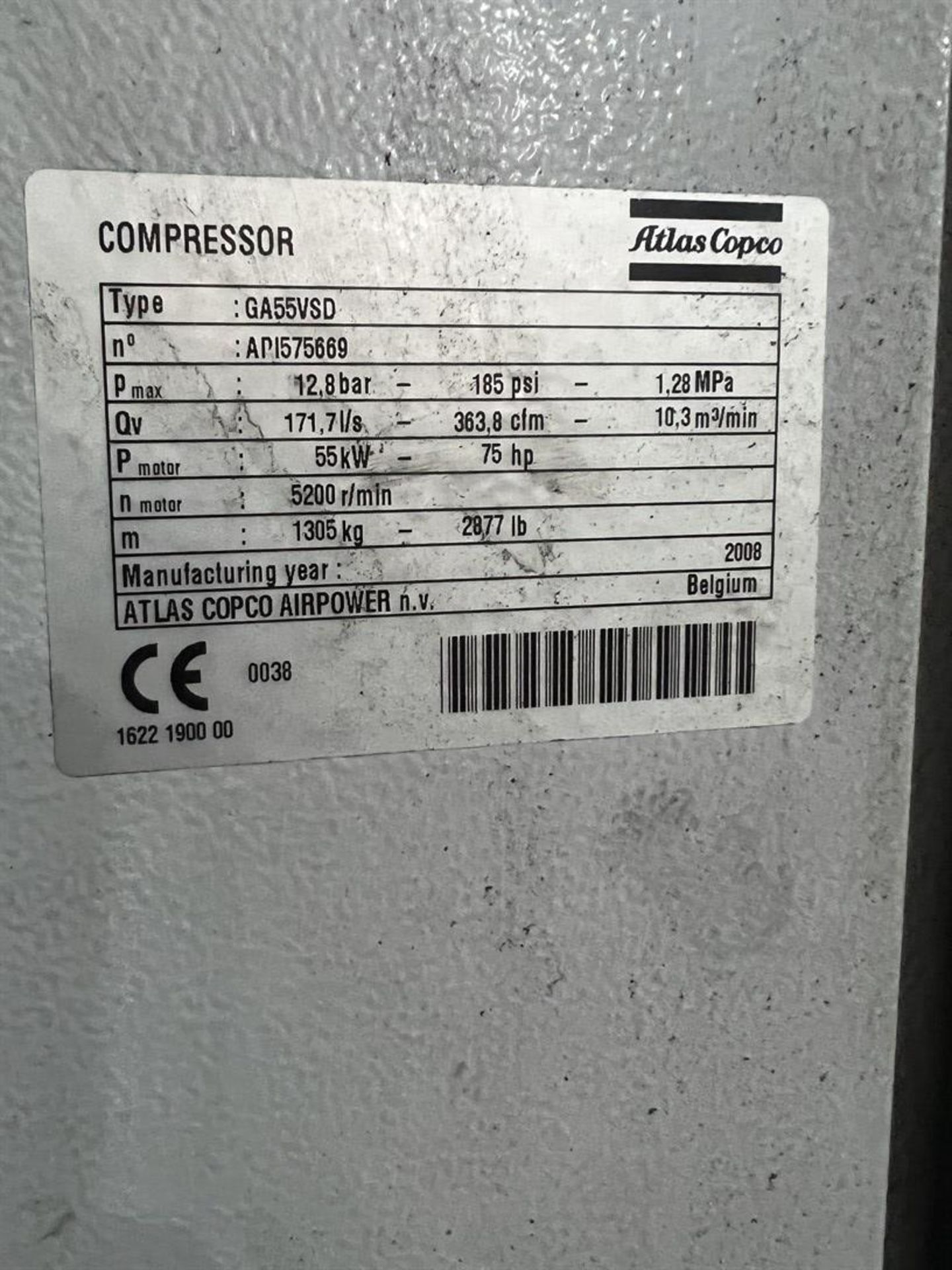 2008 ATLAS COPCO GA55VSD Air Compressor, s/n AP1575669, 75 HP, 185 PSI, (parts machine) - Image 3 of 4