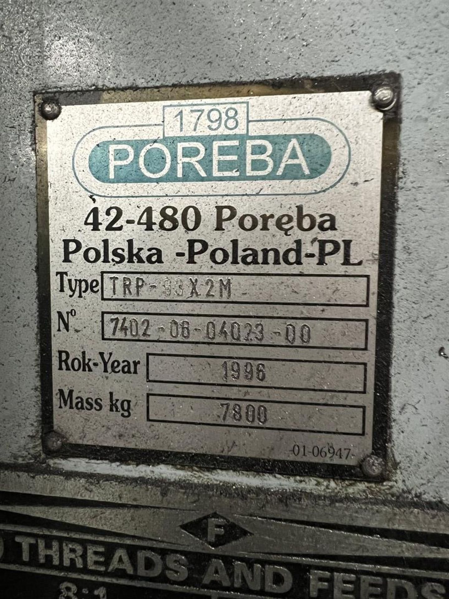 POREBA TRP-93X2M Lathe, s/n 7402-06-04023-00, 36" Swing x 78" Between Centers, 4-Way Tool Post, - Image 7 of 11