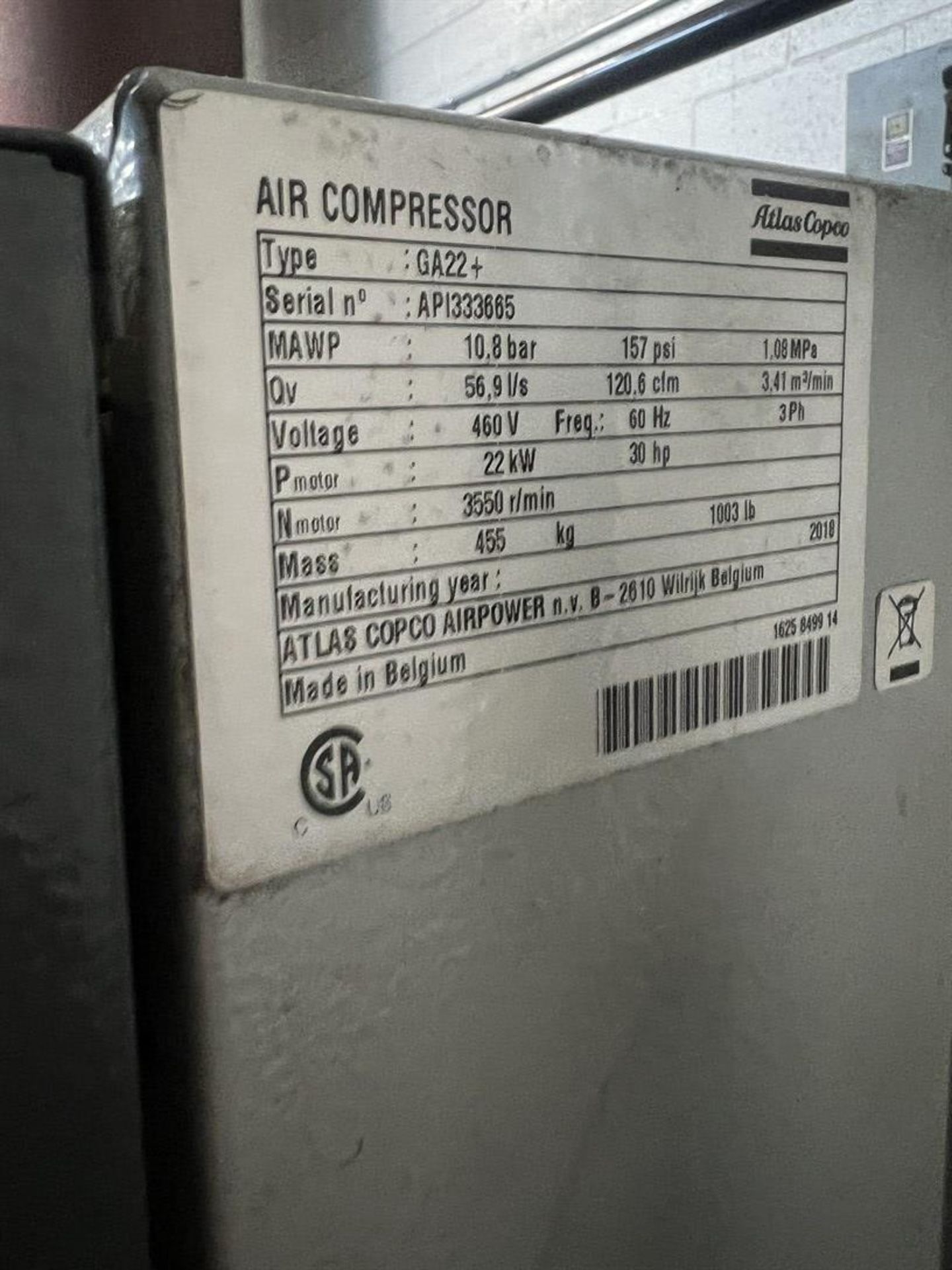 2018 ATLAS COPCO GA22+ Air Compressor, s/n API333665, 30 HP, 157 PSI, - Image 2 of 3