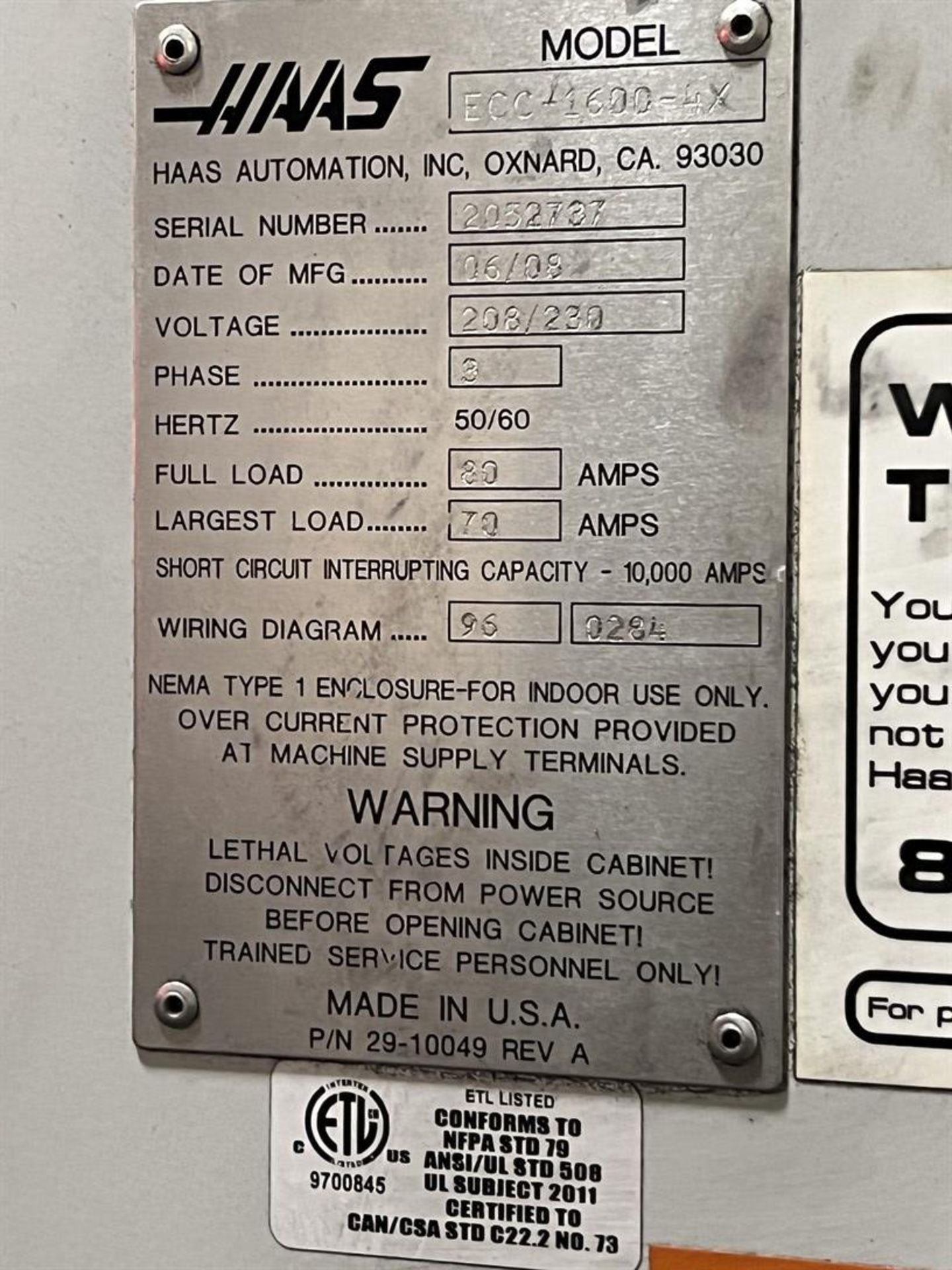 2008 HAAS EC-1600-4X 4-Axis Horizontal Machining Center, s/n 2052737, 64"X, 50"Y, 32"Z, 64"x 32" - Image 7 of 9