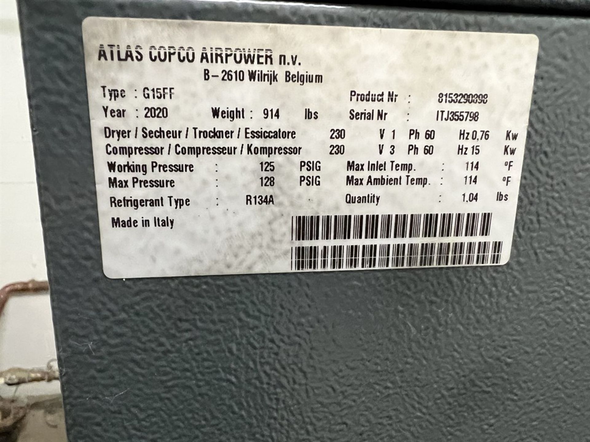 2020 ATLAS COPCO G15FF Air Compressor, s/n ITJ355798, 20 HP, 125 PSI, Approx. 100 Gallon Air Tank - Image 4 of 5
