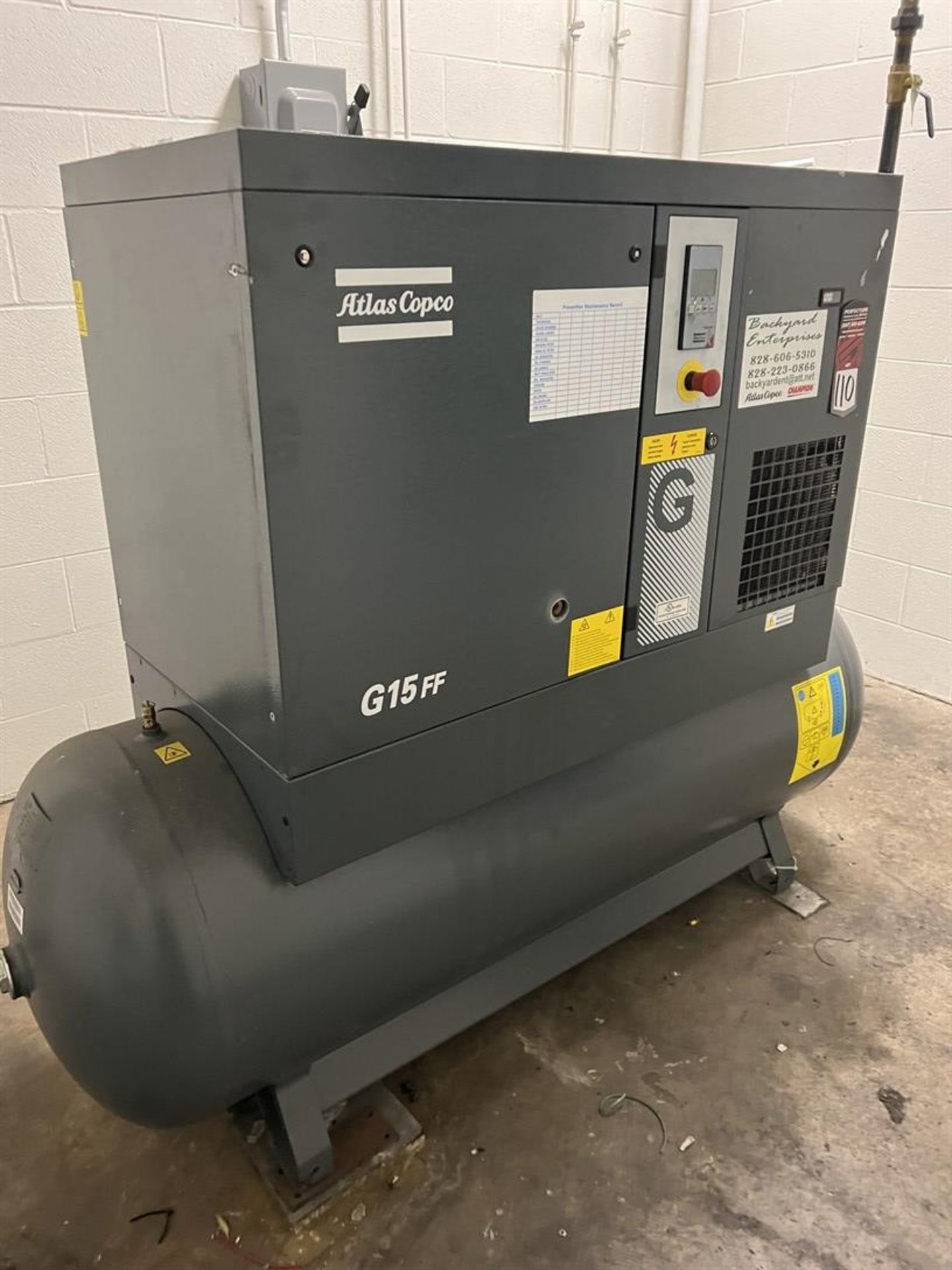 2020 ATLAS COPCO G15FF Air Compressor, s/n ITJ355798, 20 HP, 125 PSI, Approx. 100 Gallon Air Tank - Image 5 of 5