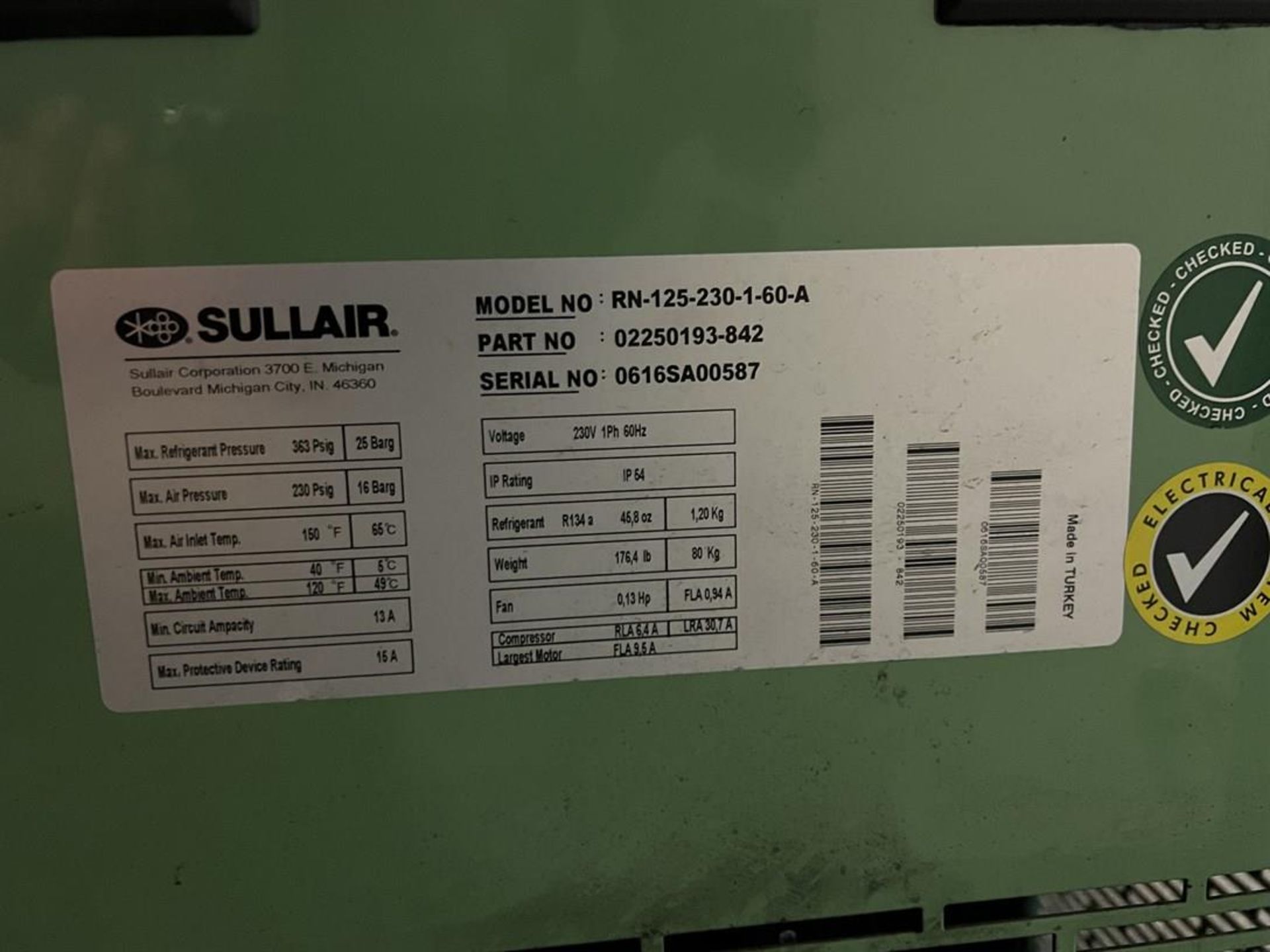 SULLAIR RN-125 Refrigerated Air Dryer, s/n 0616SA00587, 230 PSIG - Image 4 of 4