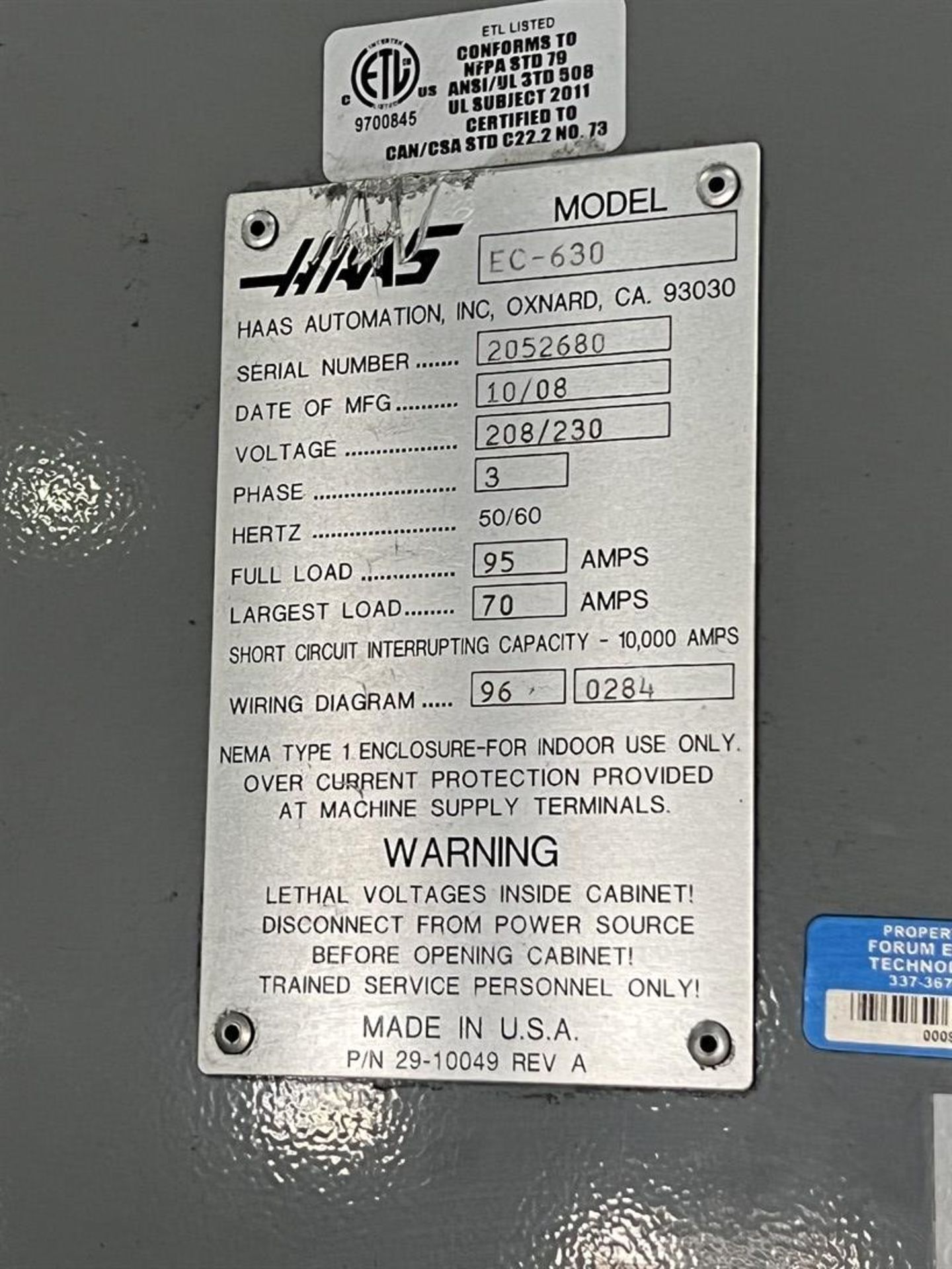 2008 HAAS EC-630 4-Axis Dual Pallet Horizontal Machining Center, s/n 2052680 - Image 9 of 10