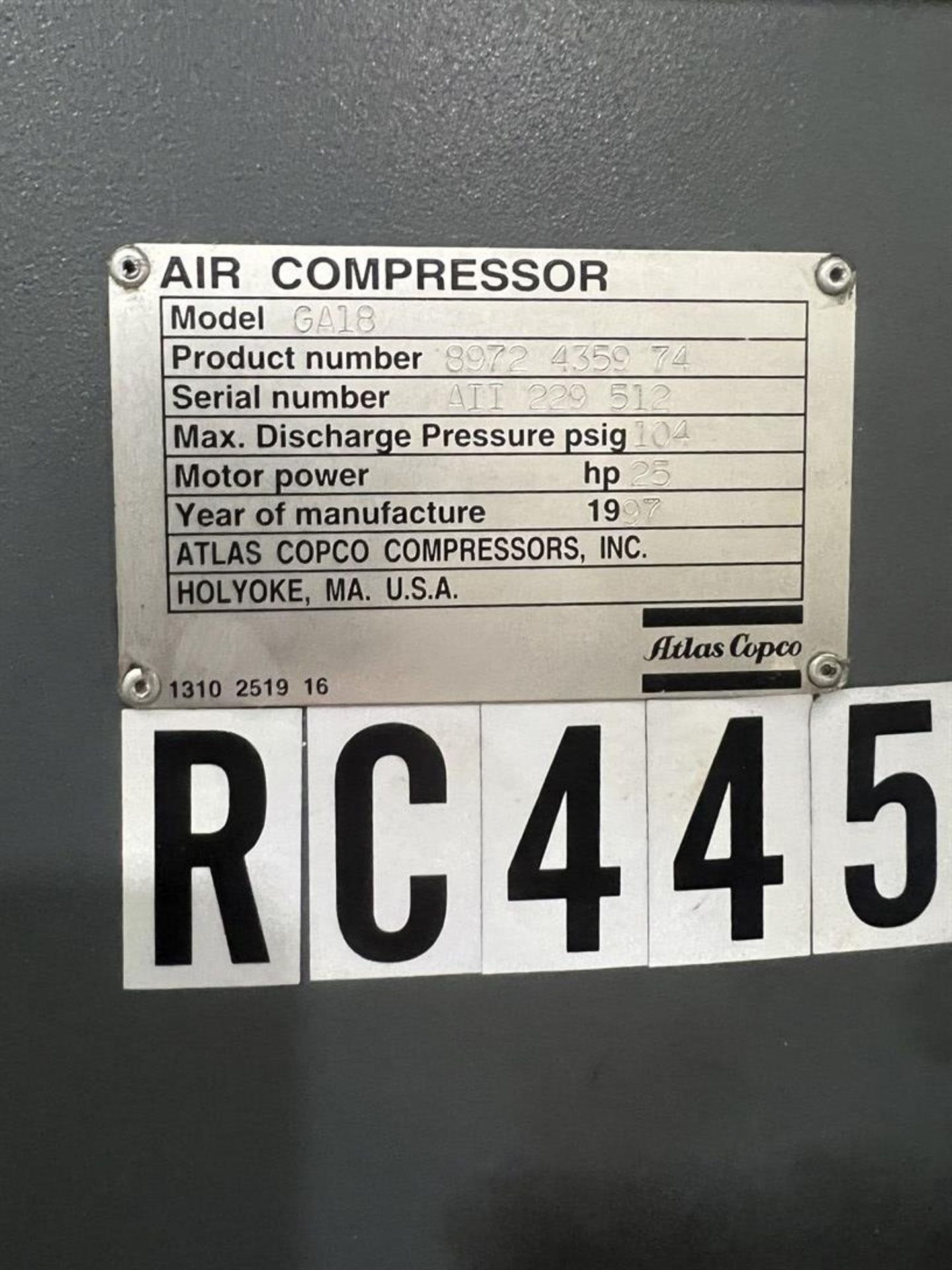 ATLAS COPCO GA18 Air Compressor, s/n AII229512, 25 HP, 104 PSI, Approx. 100 Gallon Air Tank - Image 5 of 6