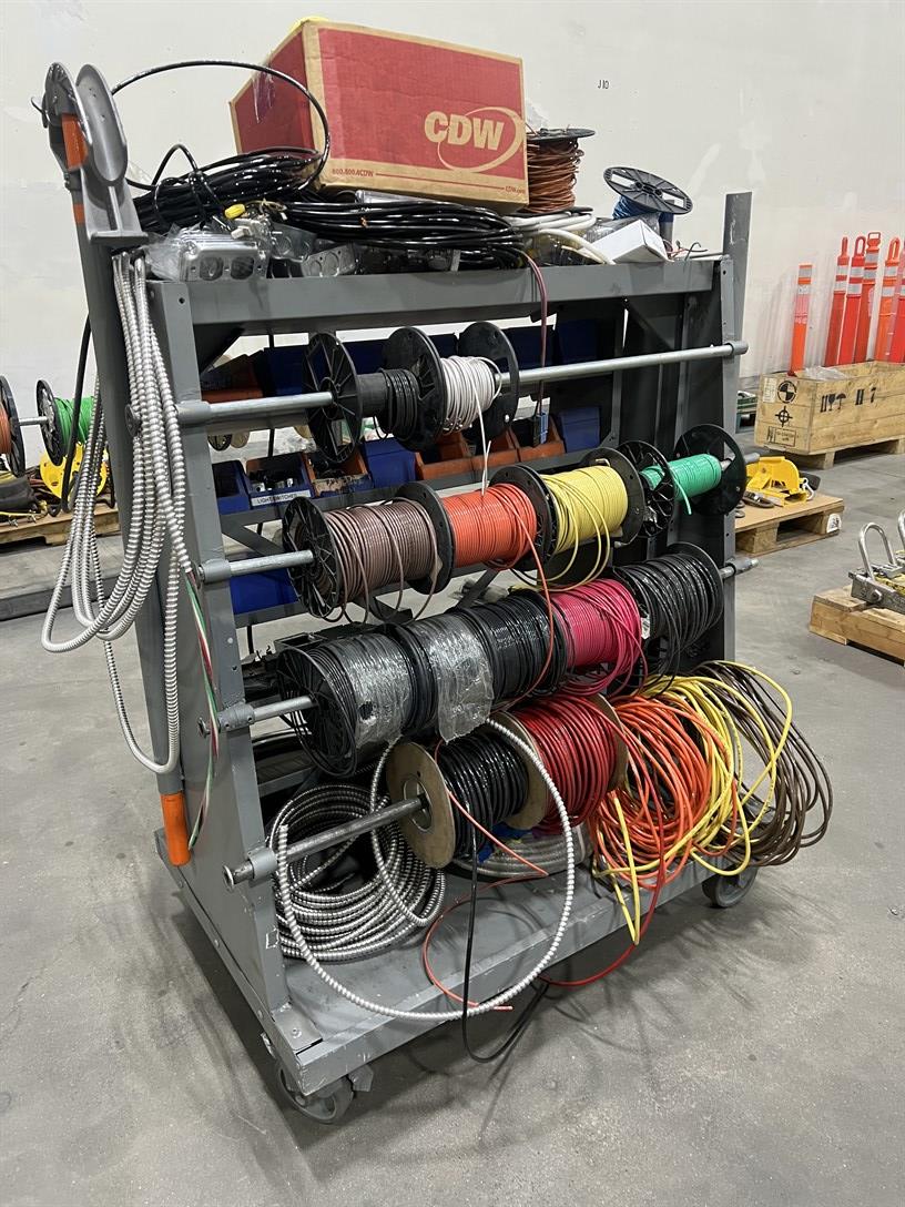 Rolling Wire Reel Cart w/ Assorted Wire and Electrical Fittings