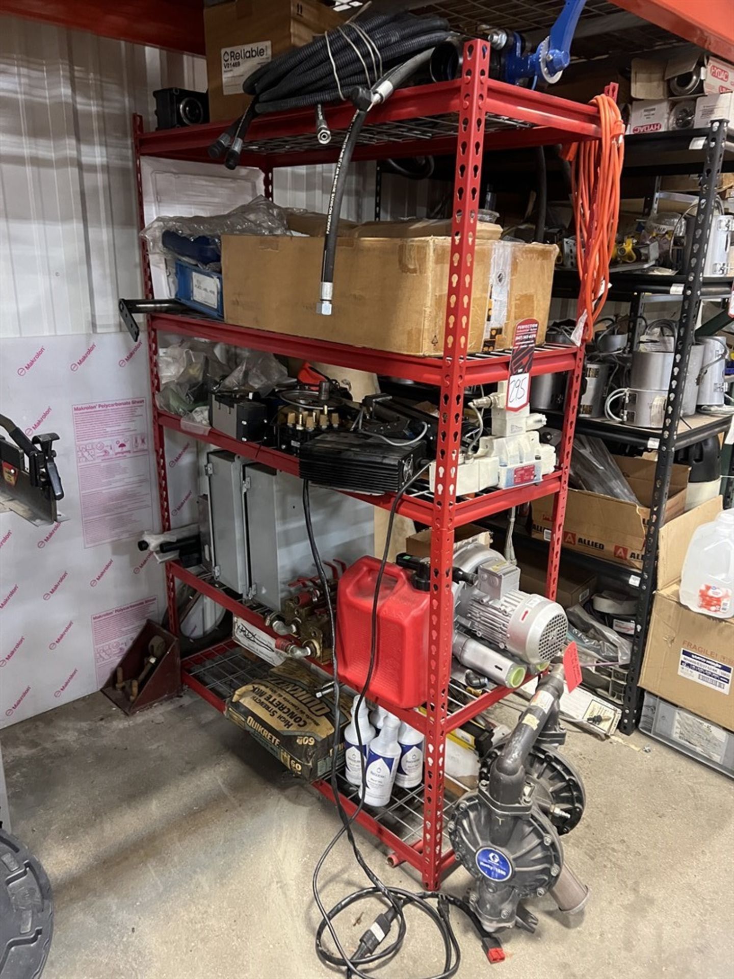 Shop Shelving Unit Including Pumps, Diaphragm Pumps, Battery Charger, Pressure Valves, Hose, Robot P