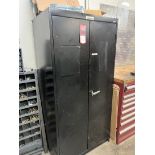 Shop Cabinet w/ Contents Including Fasteners, Solenoids, Communication Cables, Tap and Die Set, Ligh