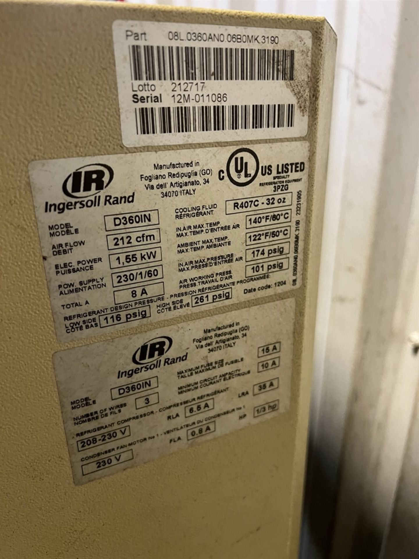 INGERSOLL RAND D360IN Refrigerated Air Dryer, s/n 12M-011086 - Image 5 of 5