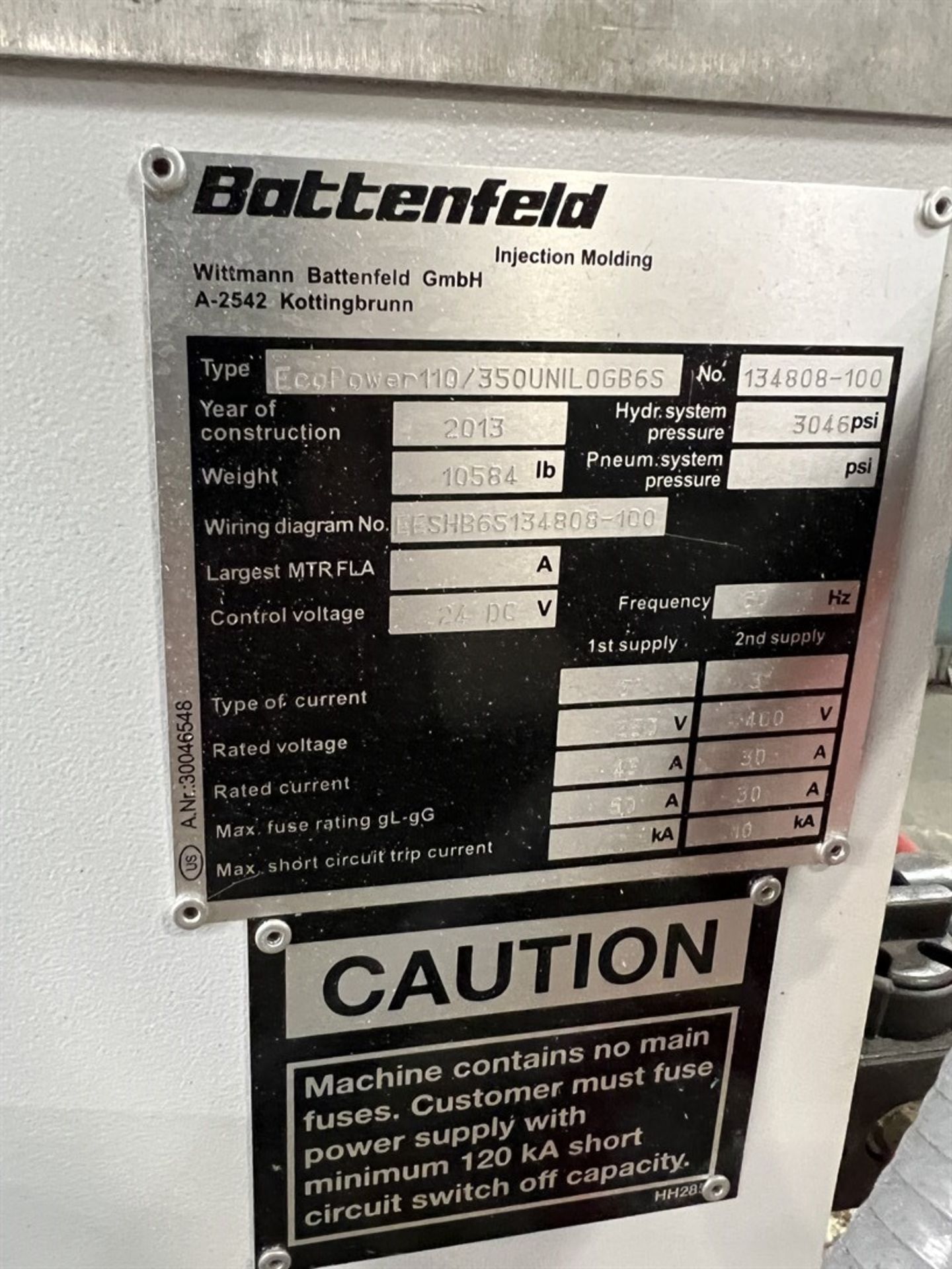 (PRESS ONLY) 2013 WITTMANN BATTENFELD ECOPOWER 110/350 Electric 110 Ton Injection Molder, s/n 134808 - Image 8 of 8