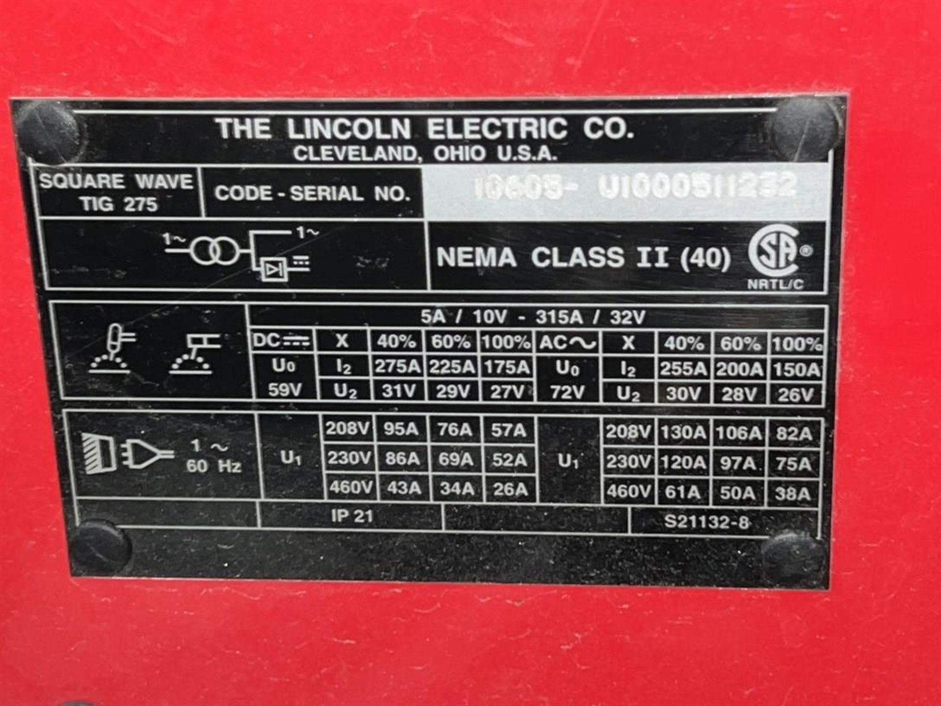 LINCOLN SQUAREWAVE TIG 275 Tig Welder, s/n U1000511232 - Image 5 of 5