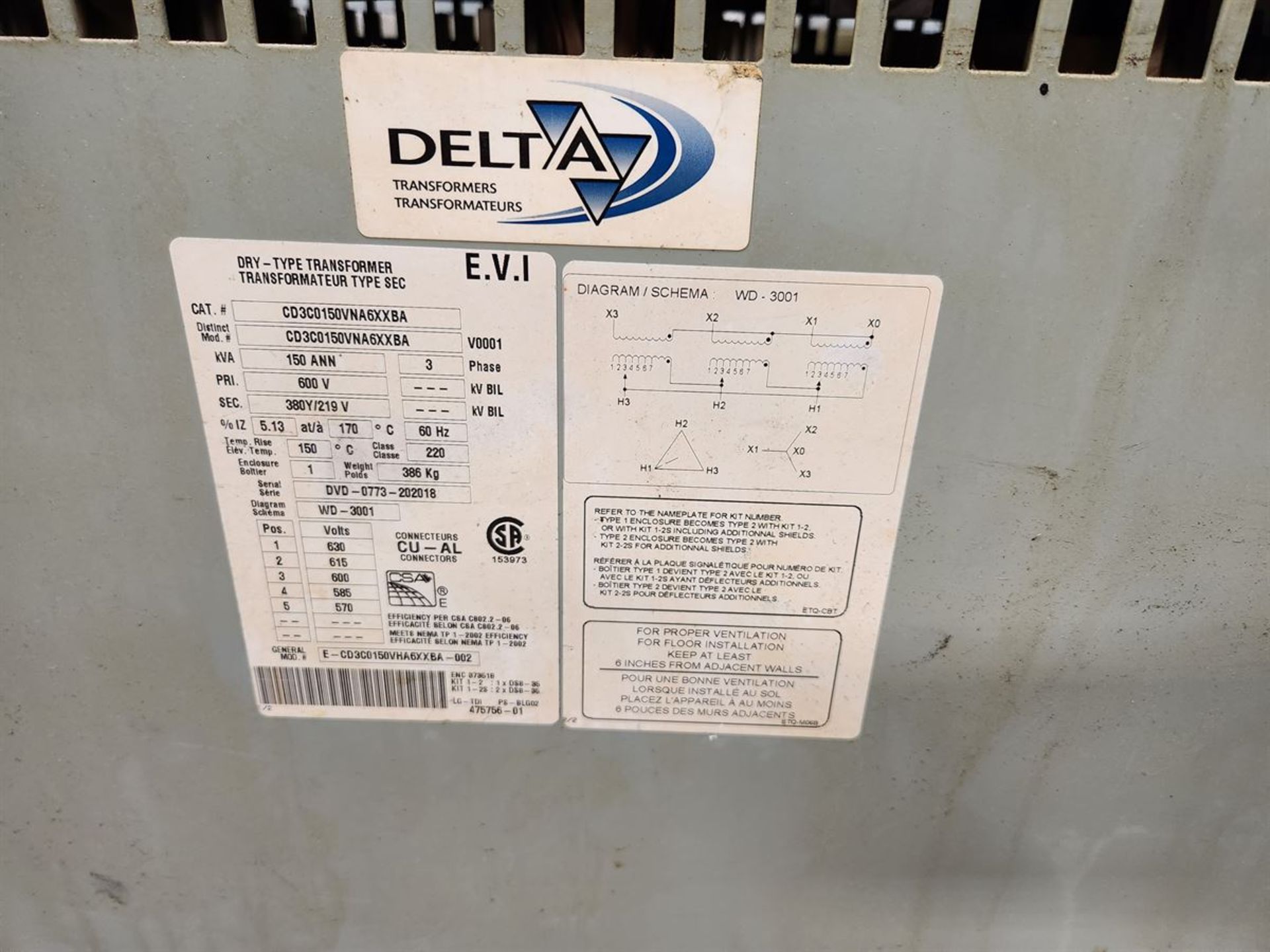 Delta Dry-Type Transformer, 3 Phase, 600V, KVA 150 ANN, CD3C0150VNA6XXBA, s/n DVD-0773-202018 - Image 2 of 2