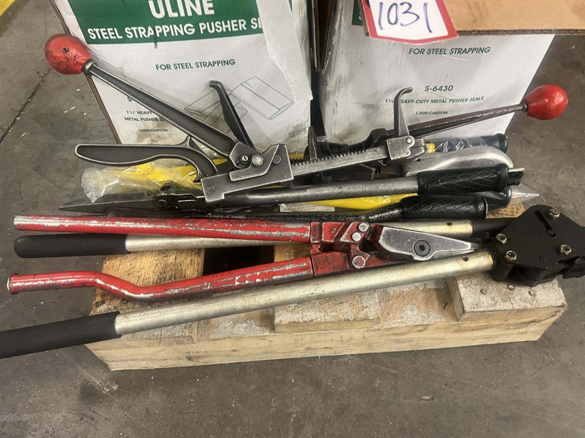 Lot of Assorted Banding Cart Tool Including Tensioners, Cutters, Sealers and (2) Boxes of Clips - Image 2 of 2