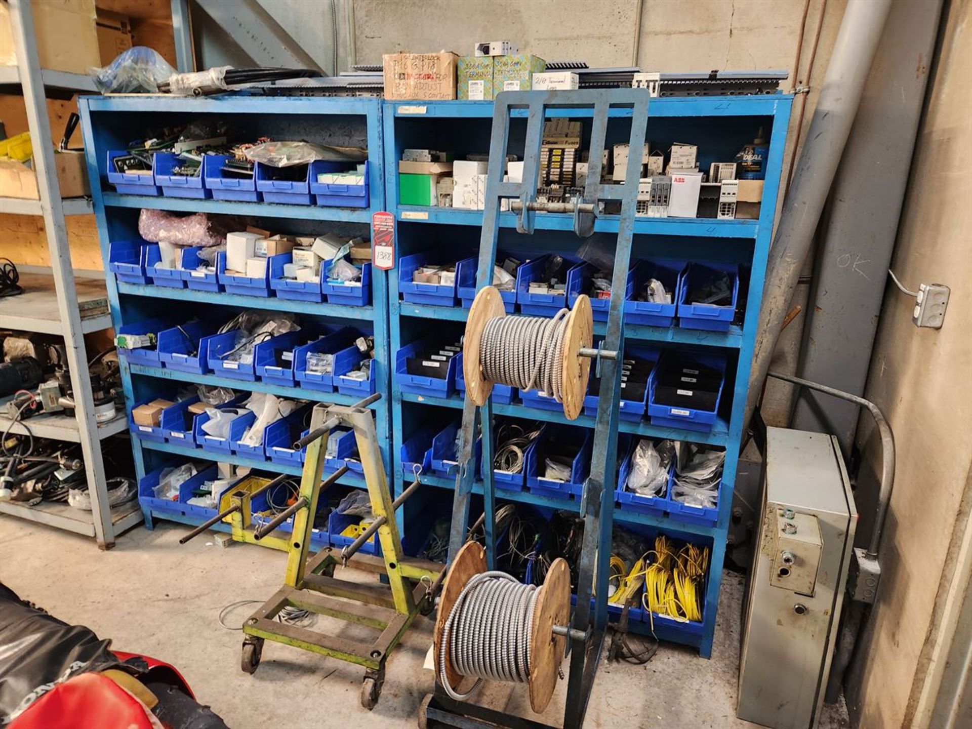 Lot of (2) Shelves w/ Electrical Contents, includes: Fuses, Wiring, Sensors, Relays, etc.