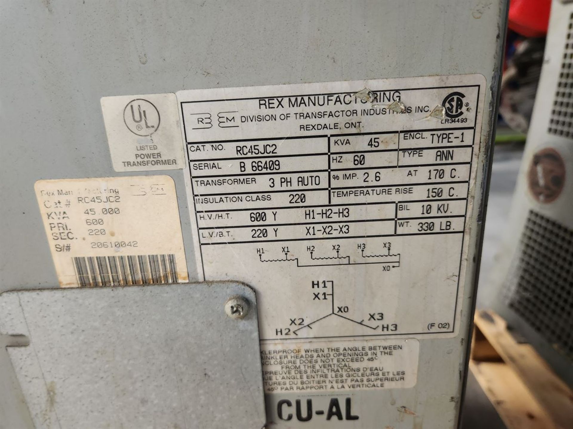 Rex RC45JC2 Transformer, 3 Phase, 45KVA, s/n B 66409 - Image 2 of 2