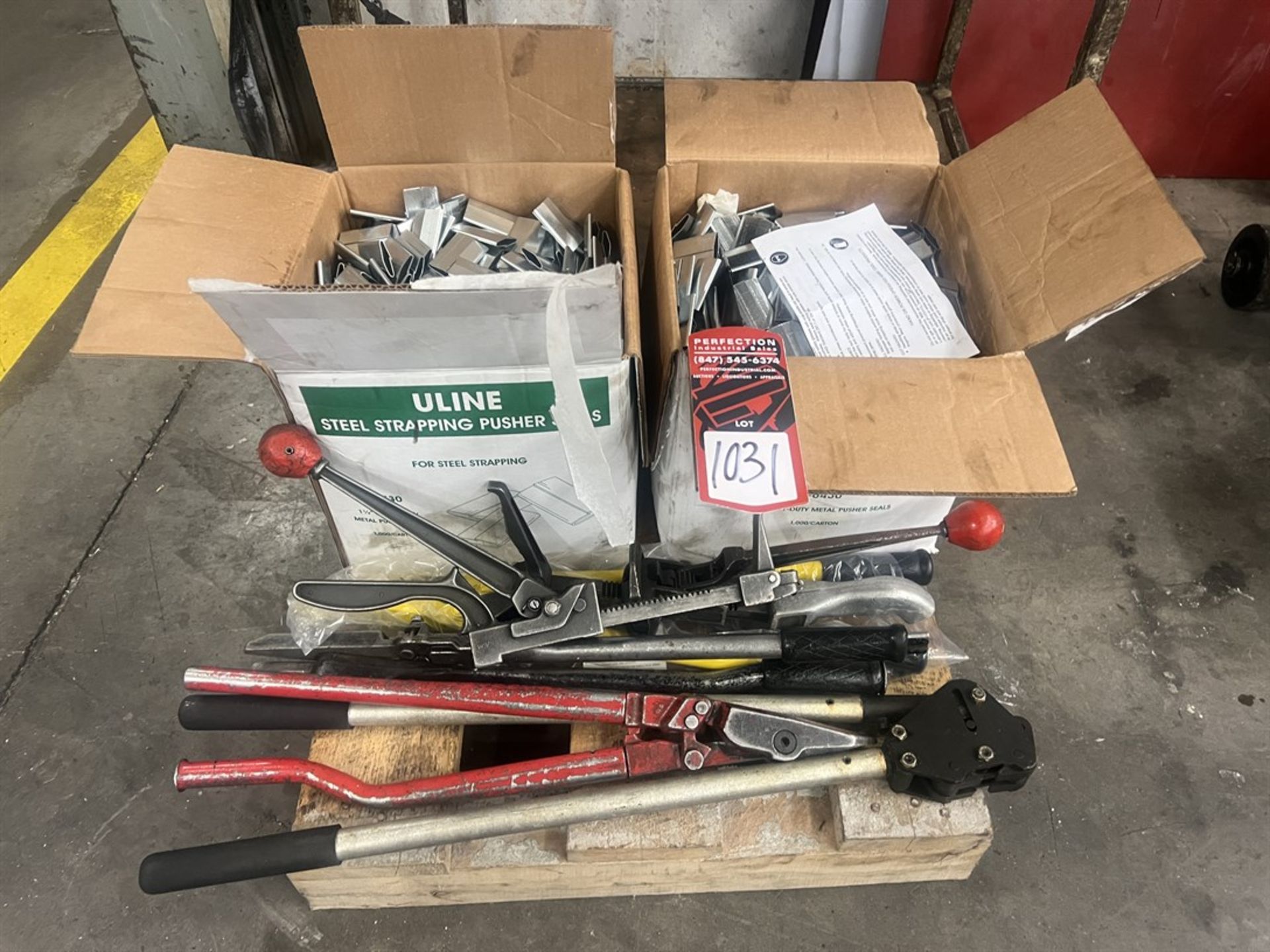Lot of Assorted Banding Cart Tool Including Tensioners, Cutters, Sealers and (2) Boxes of Clips