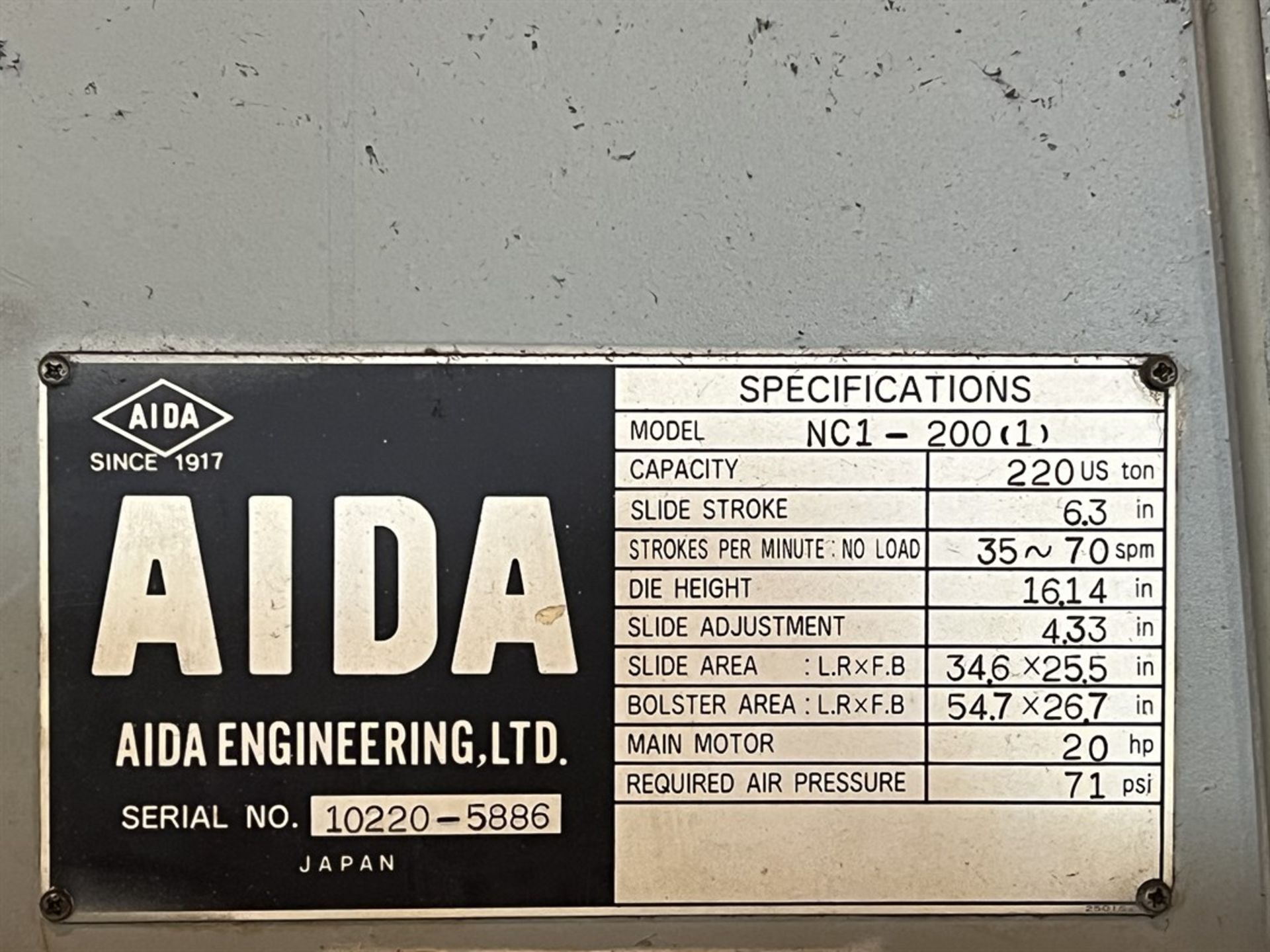 AIDA NC1-200(1) 220 Ton OBG Press, s/n s/n 10220-5886, w/ 54.7”x 26.7” Bed, 6.3” Stk., 16.14 SH, 4. - Image 12 of 12