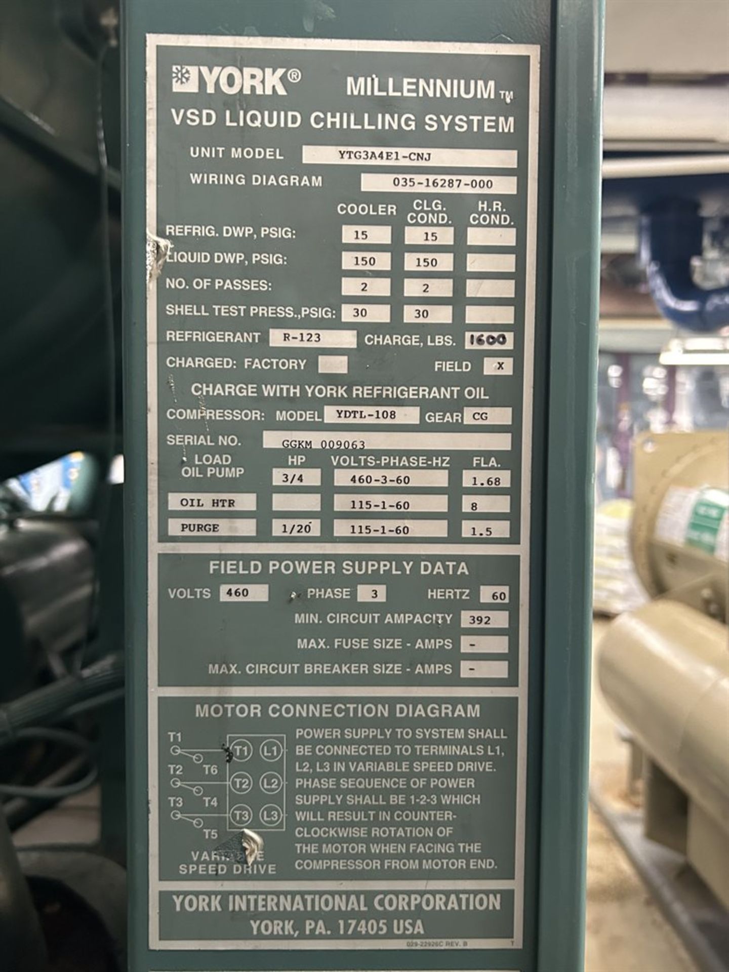 YORK VSD Liquid Chilling System Model YTG3A4E1-CNJ, s/n GGKM-009063, 55,016 Hours - Image 6 of 8