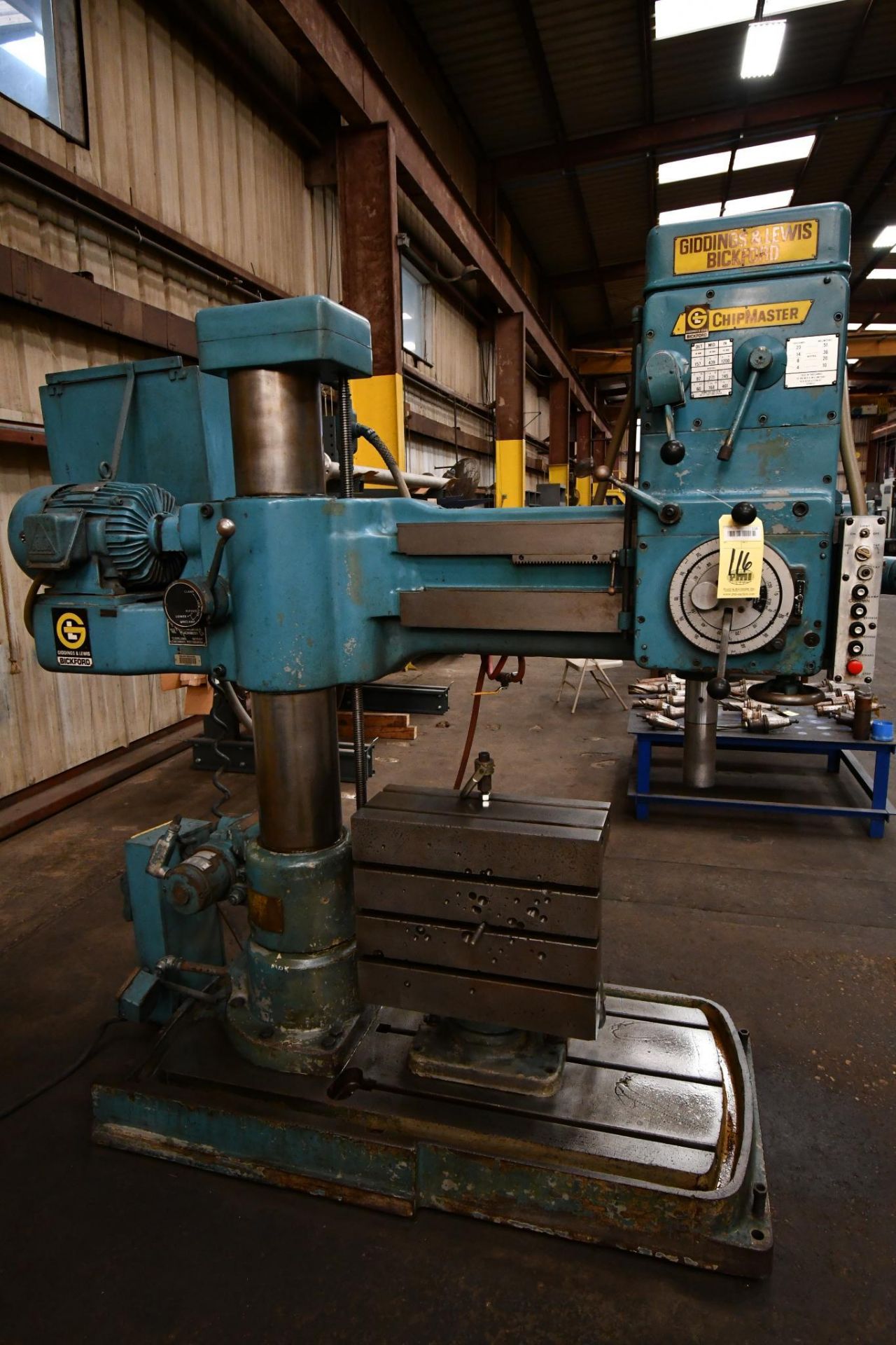 RADIAL ARM DRILL, GIDDINGS & LEWIS BICKFORD CHIPMASTER, 6' X 15", pwr. Clamp, feed & elevation box t