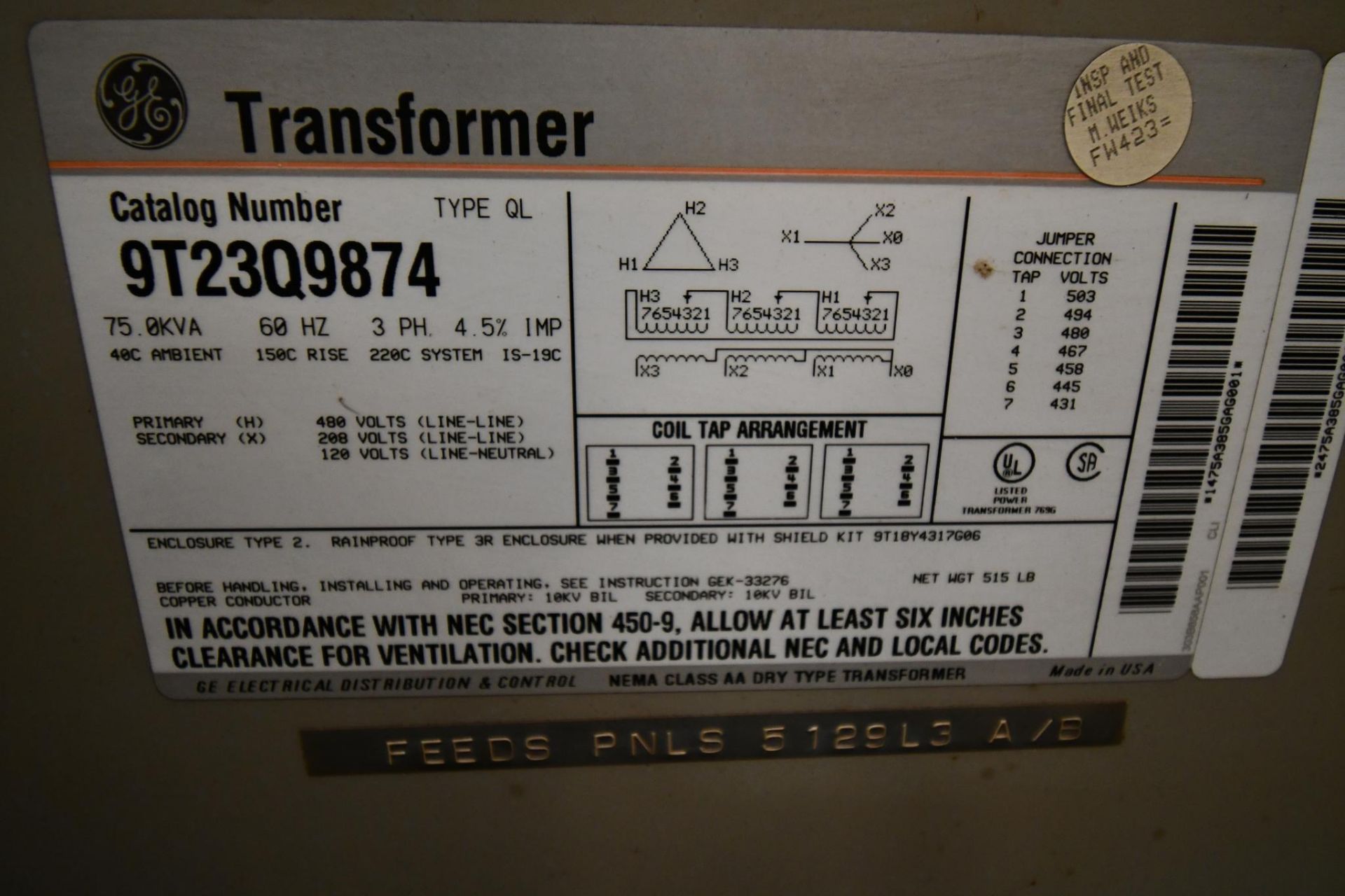 ELECTRICAL TRANSFORMER, GE, 75 KVA - Image 2 of 2