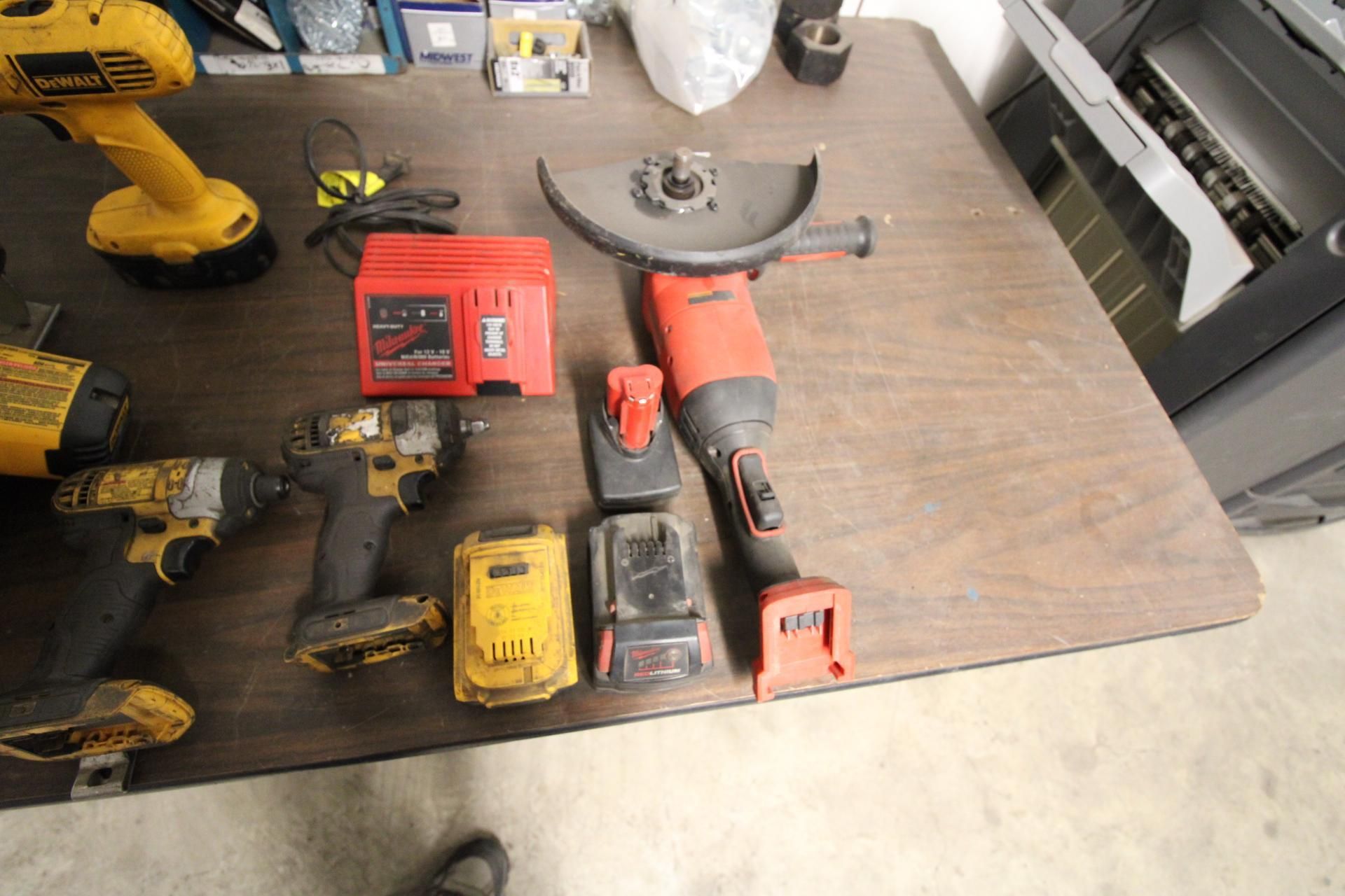 LOT OF BATTERY POWERED TOOLS: (1) Dewalt hand saw, drill, batteries, chargers & Milwaukee grinder, - Image 3 of 5