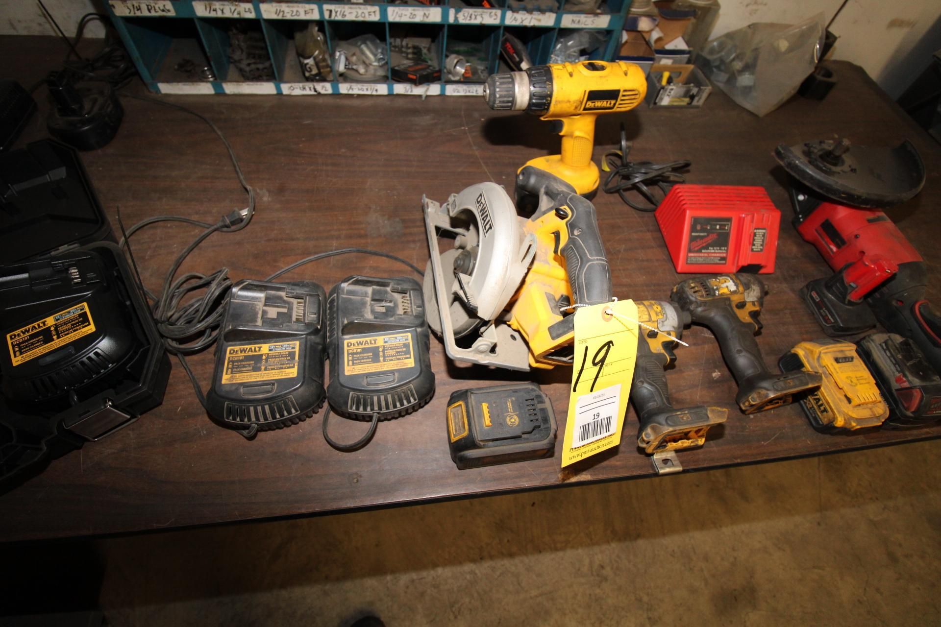 LOT OF BATTERY POWERED TOOLS: (1) Dewalt hand saw, drill, batteries, chargers & Milwaukee grinder, - Image 5 of 5