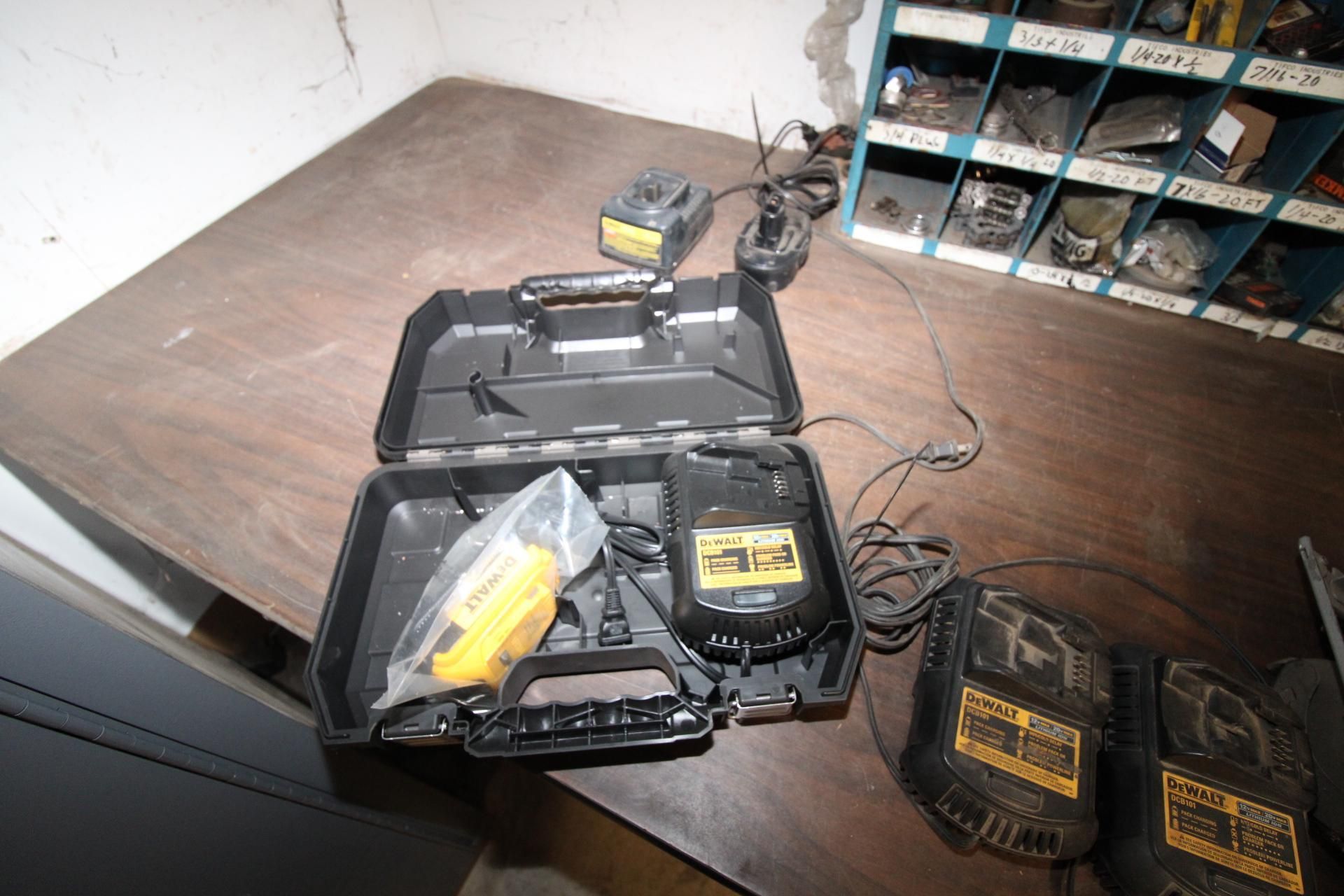 LOT OF BATTERY POWERED TOOLS: (1) Dewalt hand saw, drill, batteries, chargers & Milwaukee grinder, - Image 4 of 5