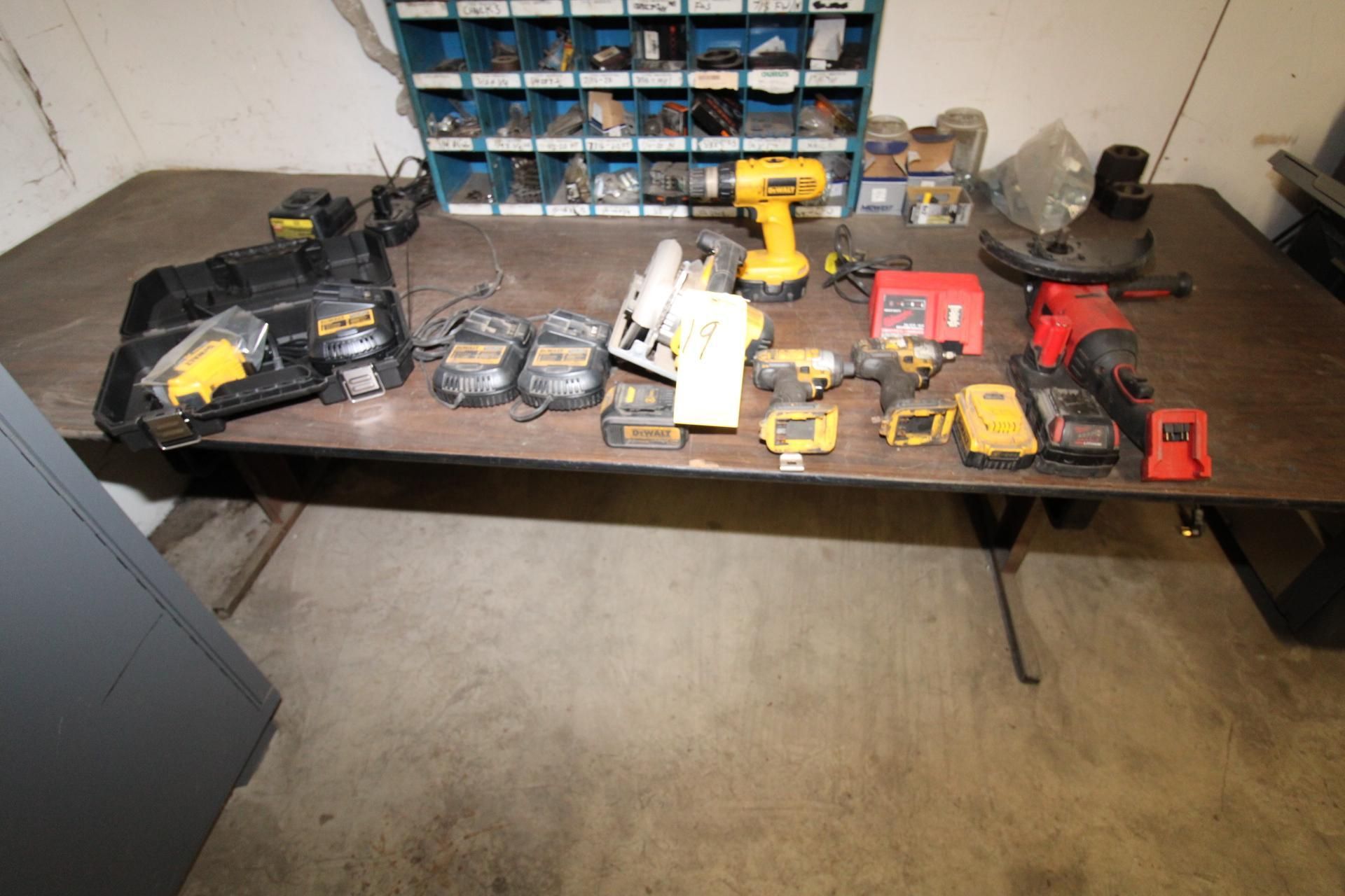 LOT OF BATTERY POWERED TOOLS: (1) Dewalt hand saw, drill, batteries, chargers & Milwaukee grinder, - Image 2 of 5