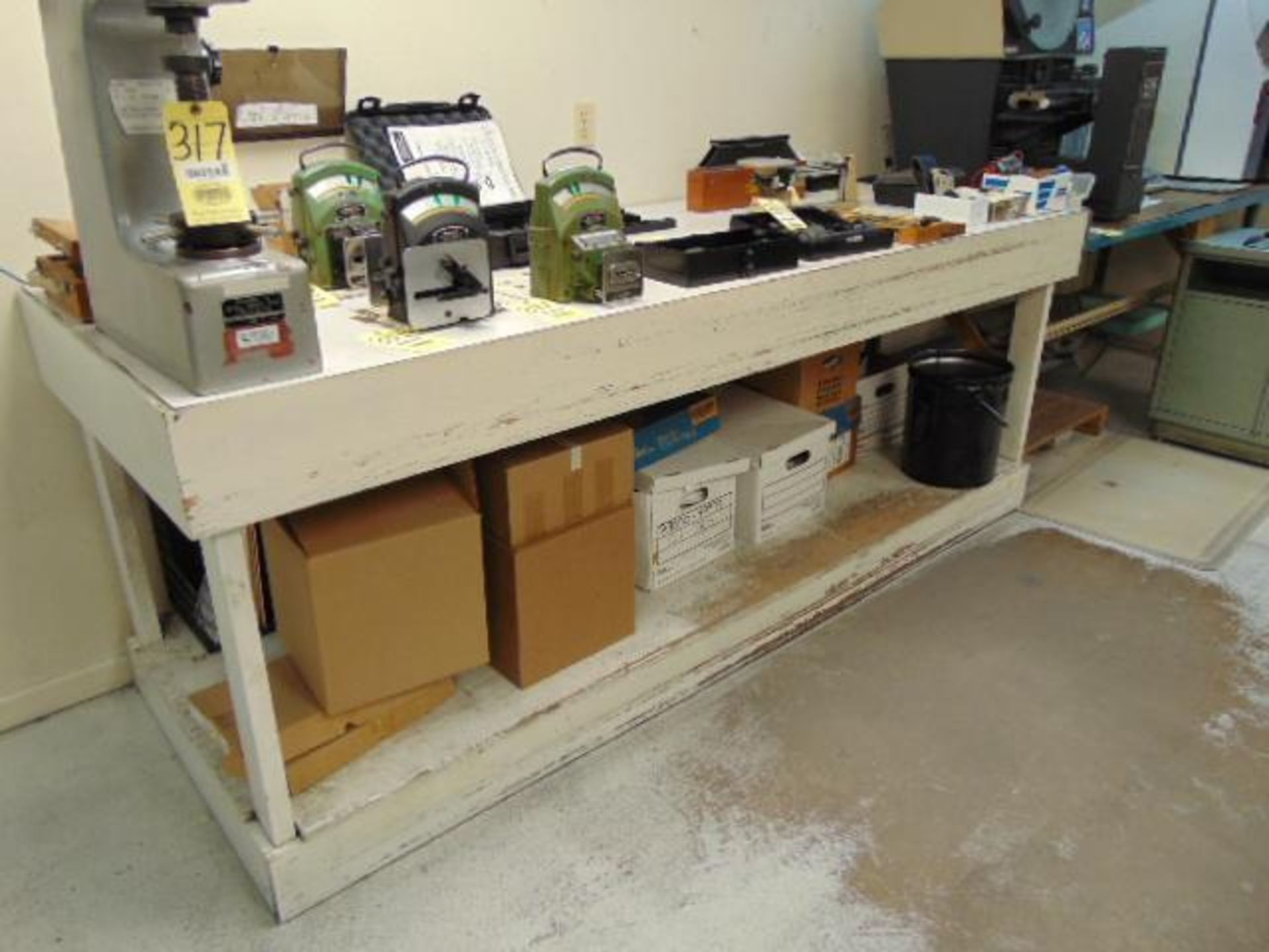 LOT OF STEEL WORK BENCH & WOOD TABLE (Note: cannot be removed until empty)