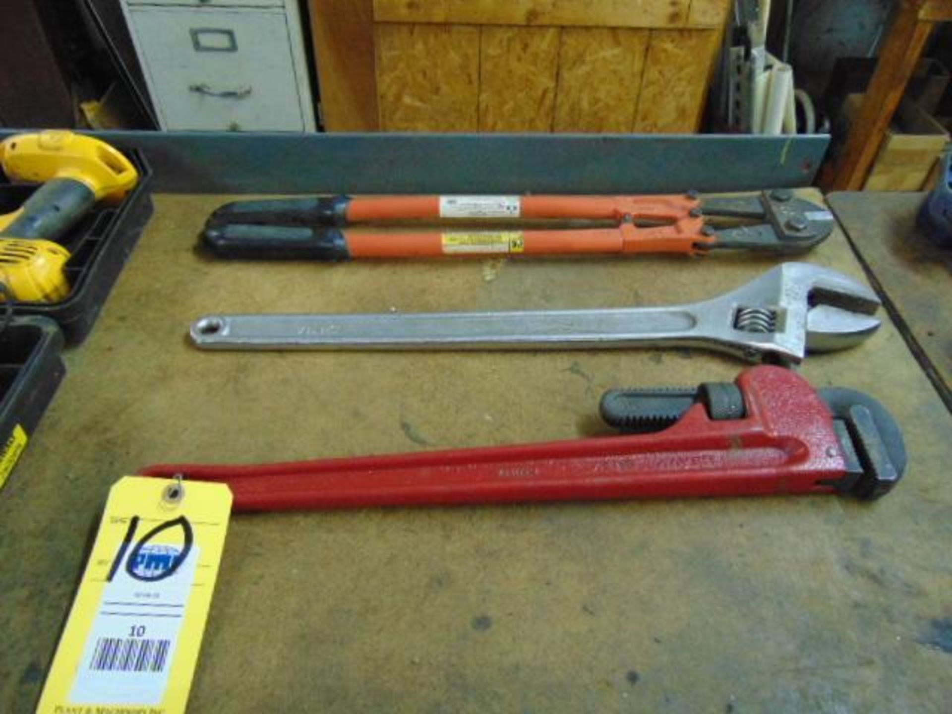 LOT CONSISTING OF: (2) 24" pipe wrench, (1) 24" adjustable wrench, (1) 24" bolt cutter