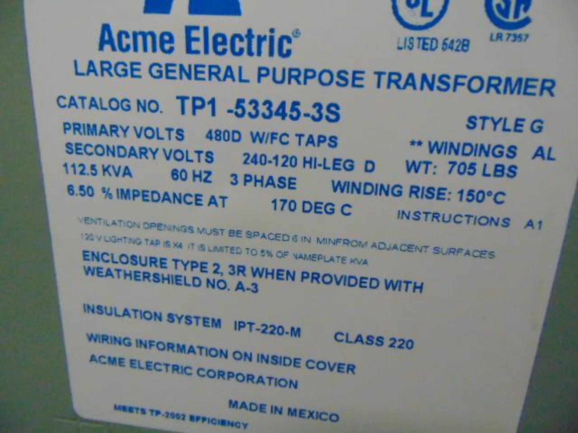 TRANSFORMER, ACME ELECTRIC LARGE GENERAL PURPOSE, CAT NO. TP1-53345-35, STYLE G - Image 3 of 3