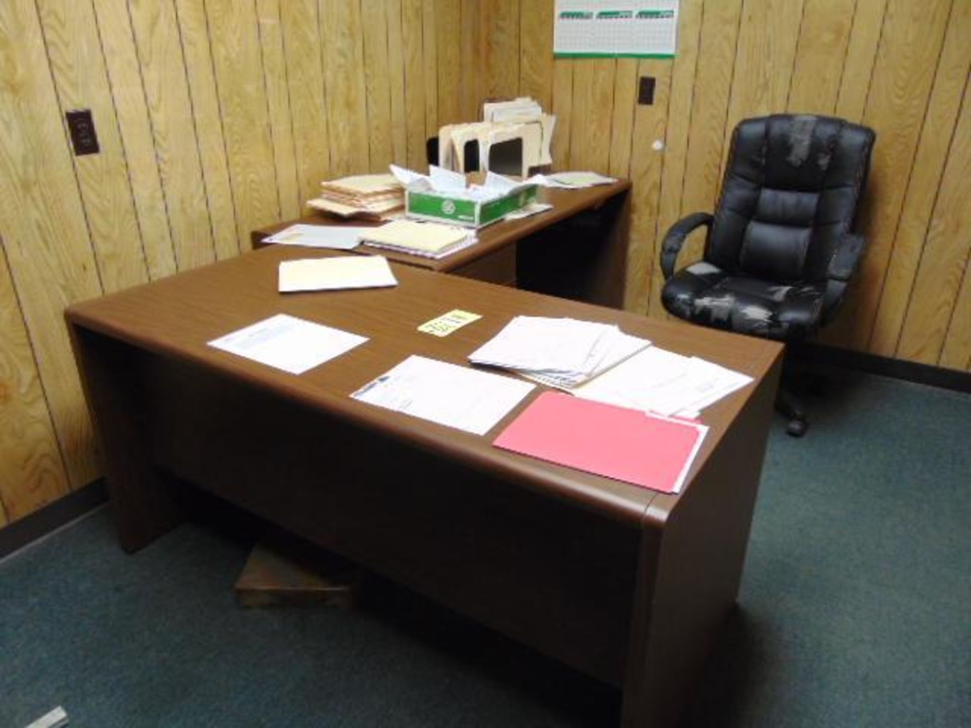 LOT CONSISTING OF: desk, table, (3) file cabinets & (2) chairs (Note: Paperwork not included)