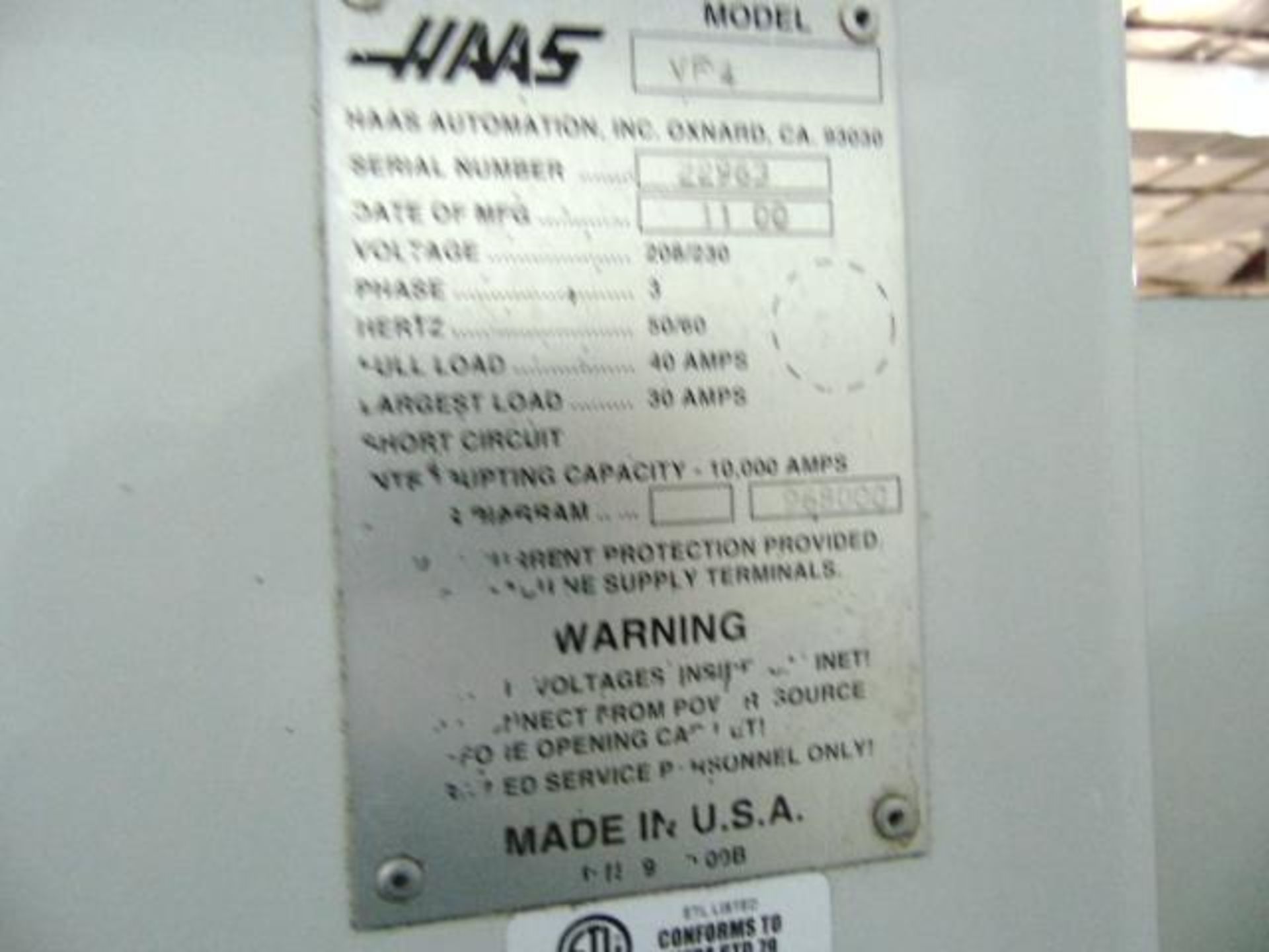 5-AXIS VERTICAL MACHINING CENTER, HAAS MDL. VF-4, new 2000, 52" x 19.5" tbl. size, 50" X, 20" Y, 25" - Image 10 of 10