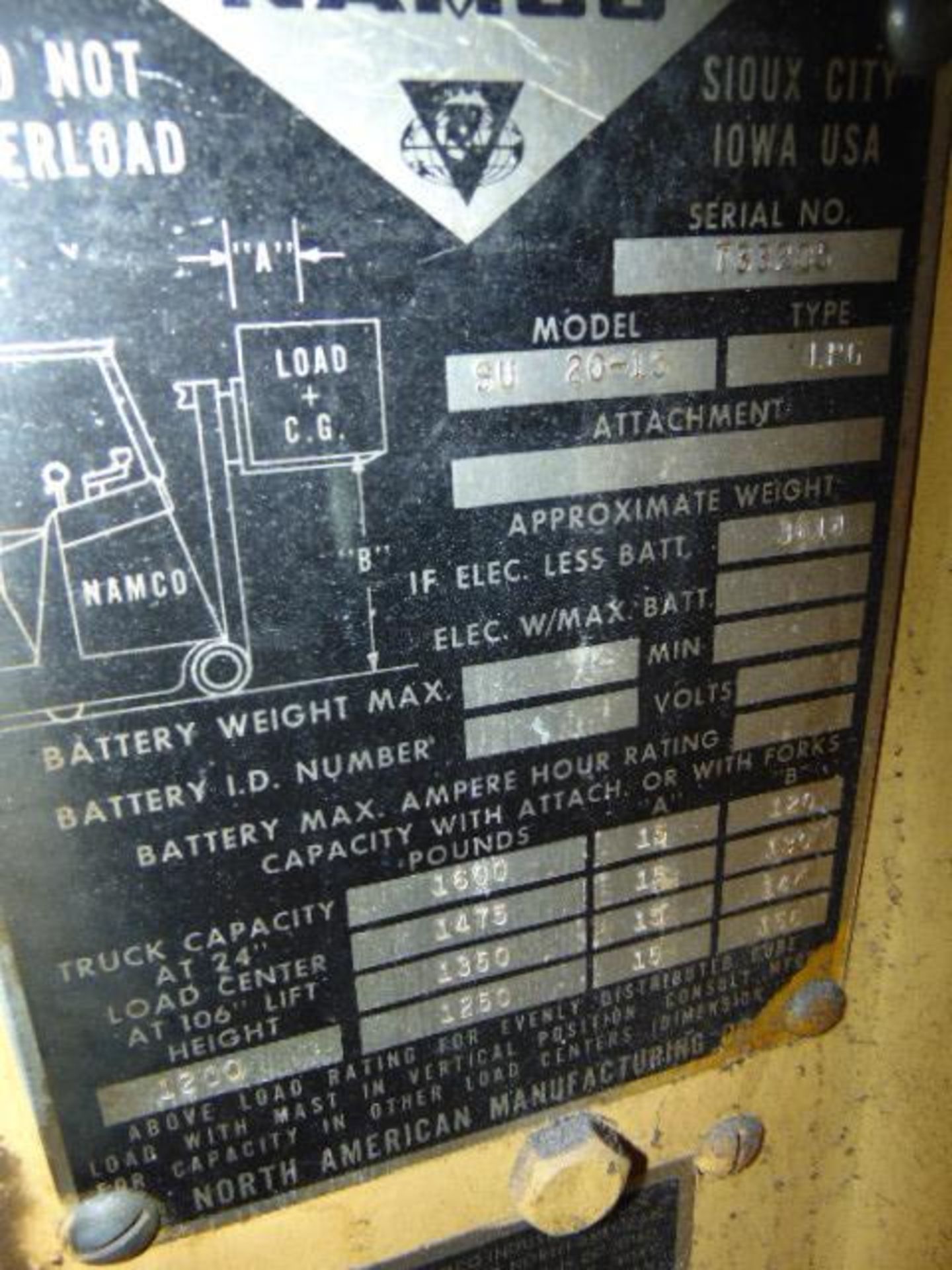 FORKLIFT, NAMCO MDL. SU20-15 STAND ON, LPG, 1600- lb. lift cap.@ 15" load center, 156" lift ht., 3 s - Image 11 of 11