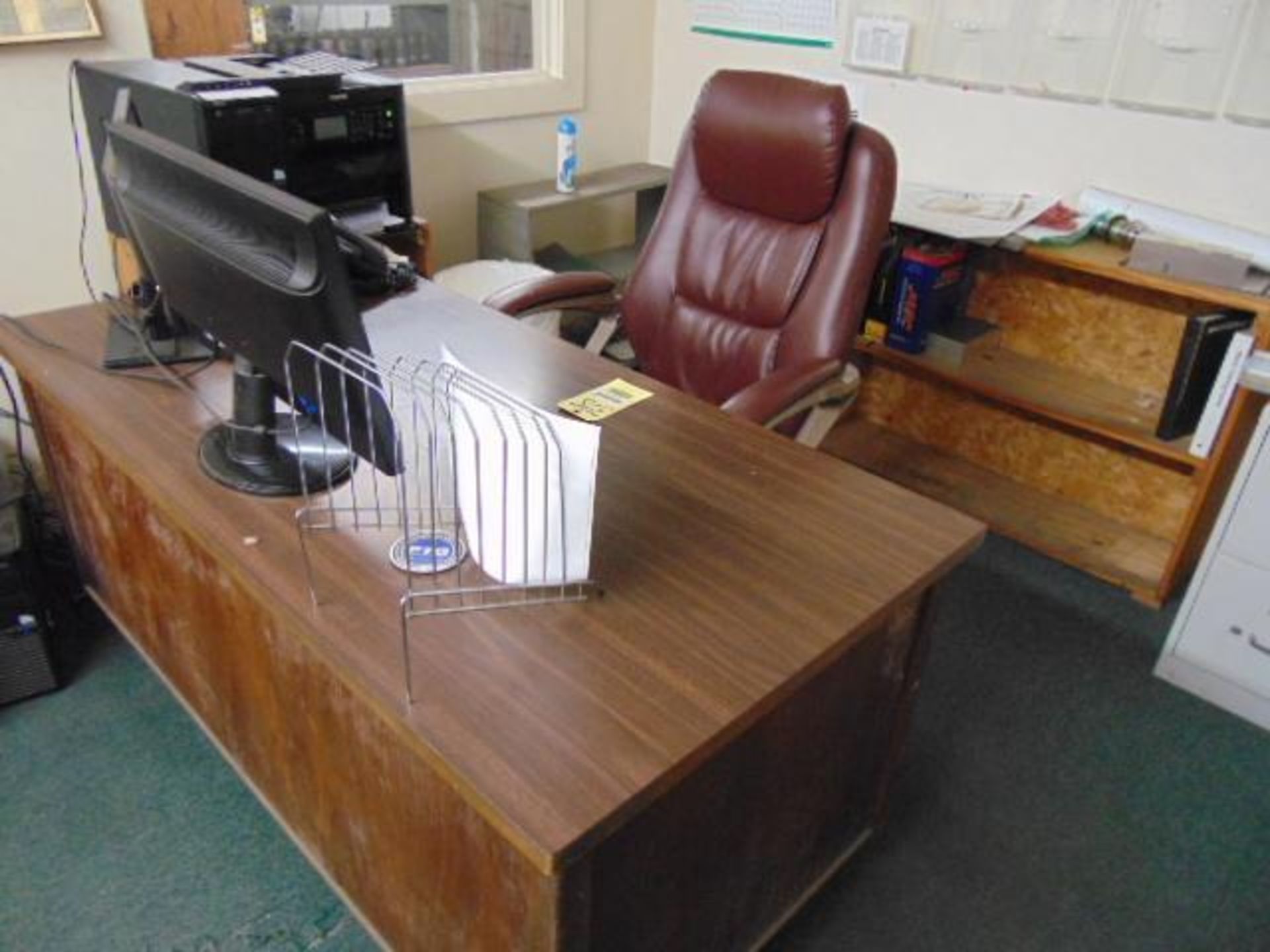 LOT CONSISTING OF: desk, wood shelf, 2-door cabinet, book shelf & (3) file cabinets (Note: Computer,