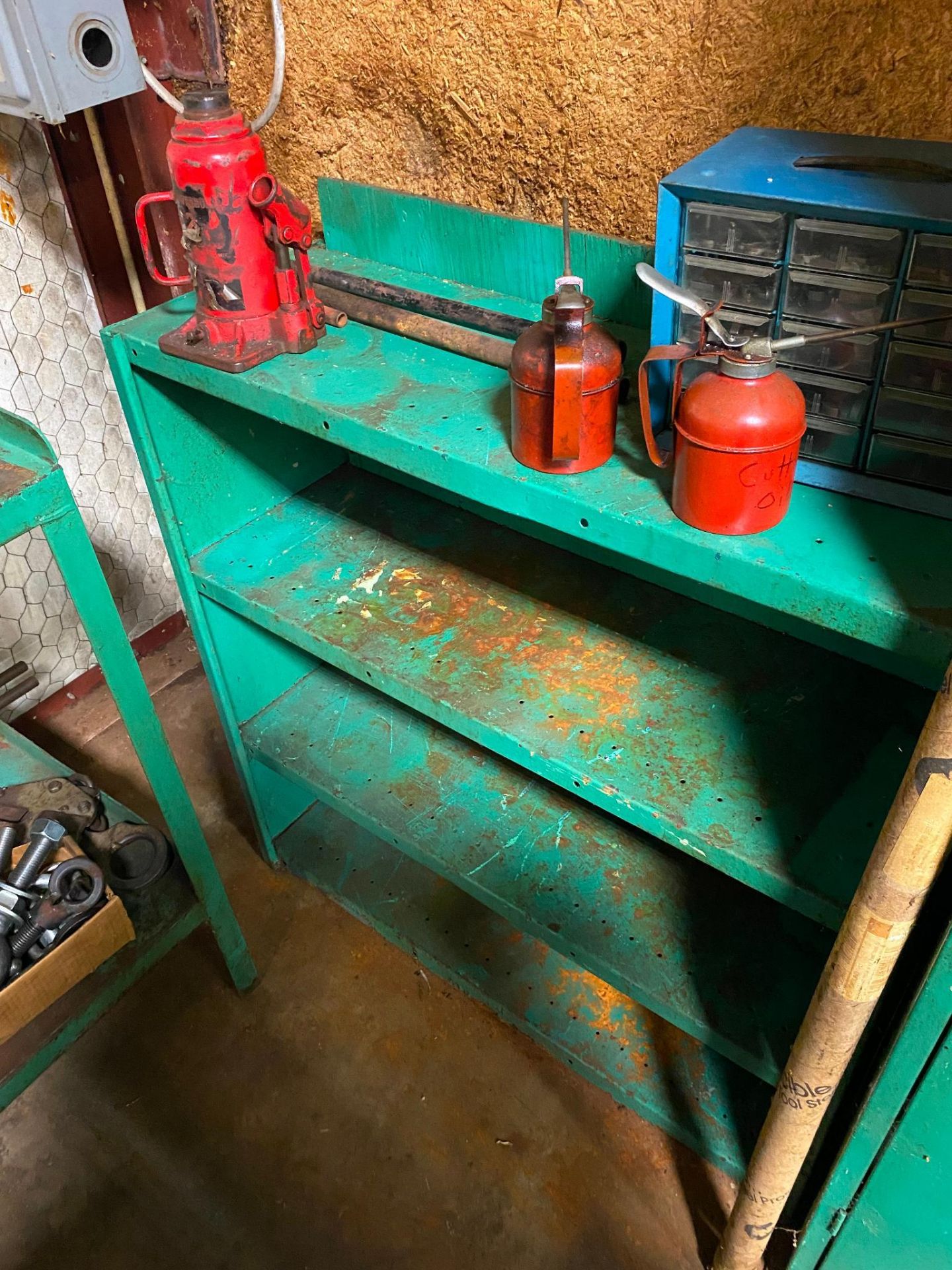 LOT OF WORK HOLDING TOOLS: set up tooling, eye bolts, bottle jack, including table & shelf (Located - Image 4 of 5